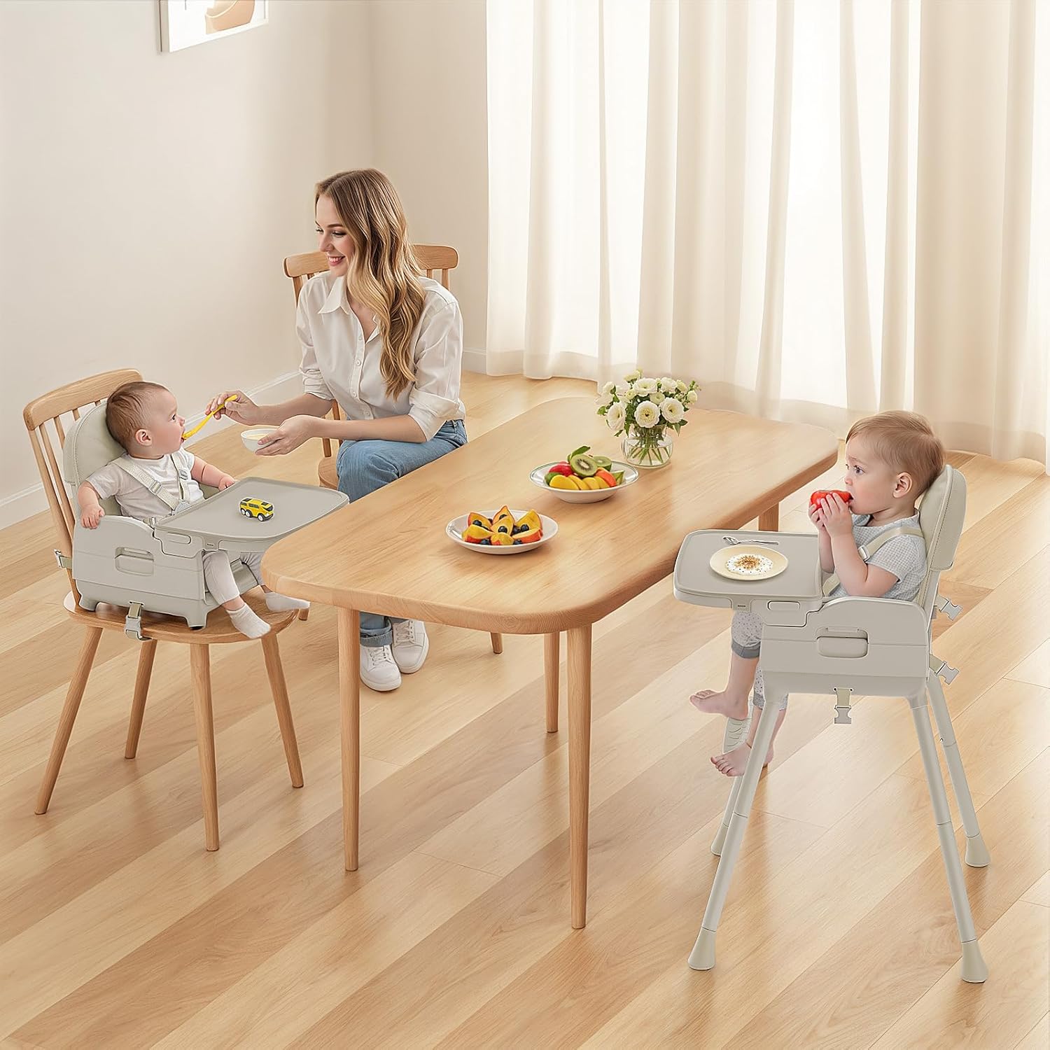 Obee Odee 3-in-1 Portable Baby High Chair for Babies and Toddlers, Convertible Easy Clean Infant Foldable Highchair with Adjustable Legs & Dishwasher Safe Tray, Beige