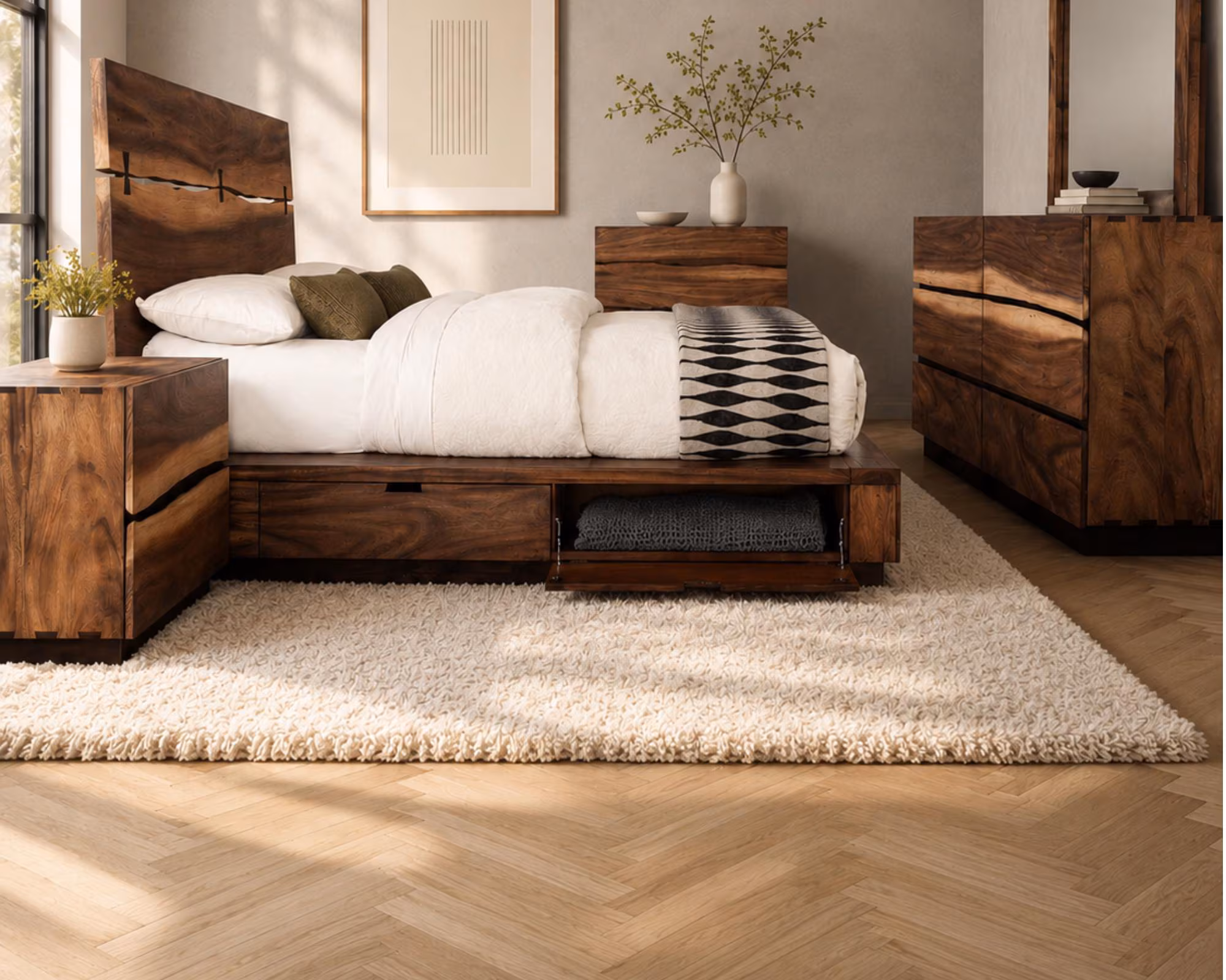 King Storage Bedroom Set, Walnut Live-Edge Platform Bed, Modern Farmhouse Furniture