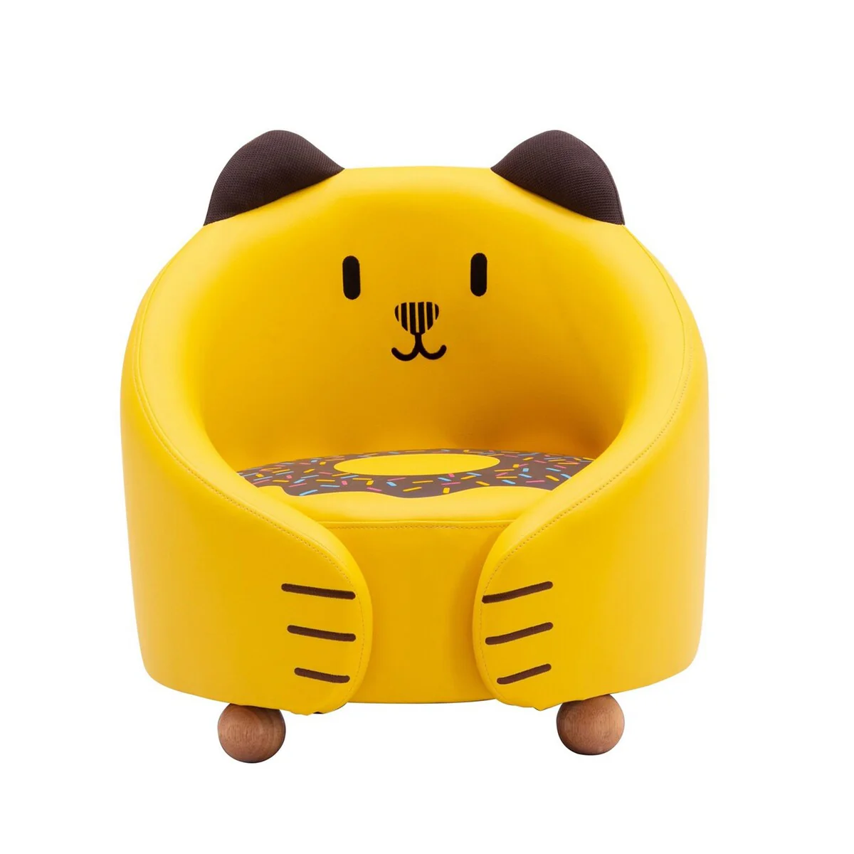 Chiri 19 Inch Kids Chair, Yellow Faux Leather, Curved Seat, Cat Design