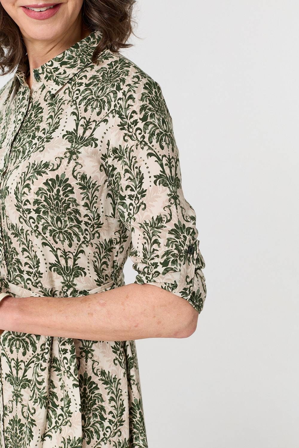Izabel London Baroque Print Tie Waist Midi Shirt Dress