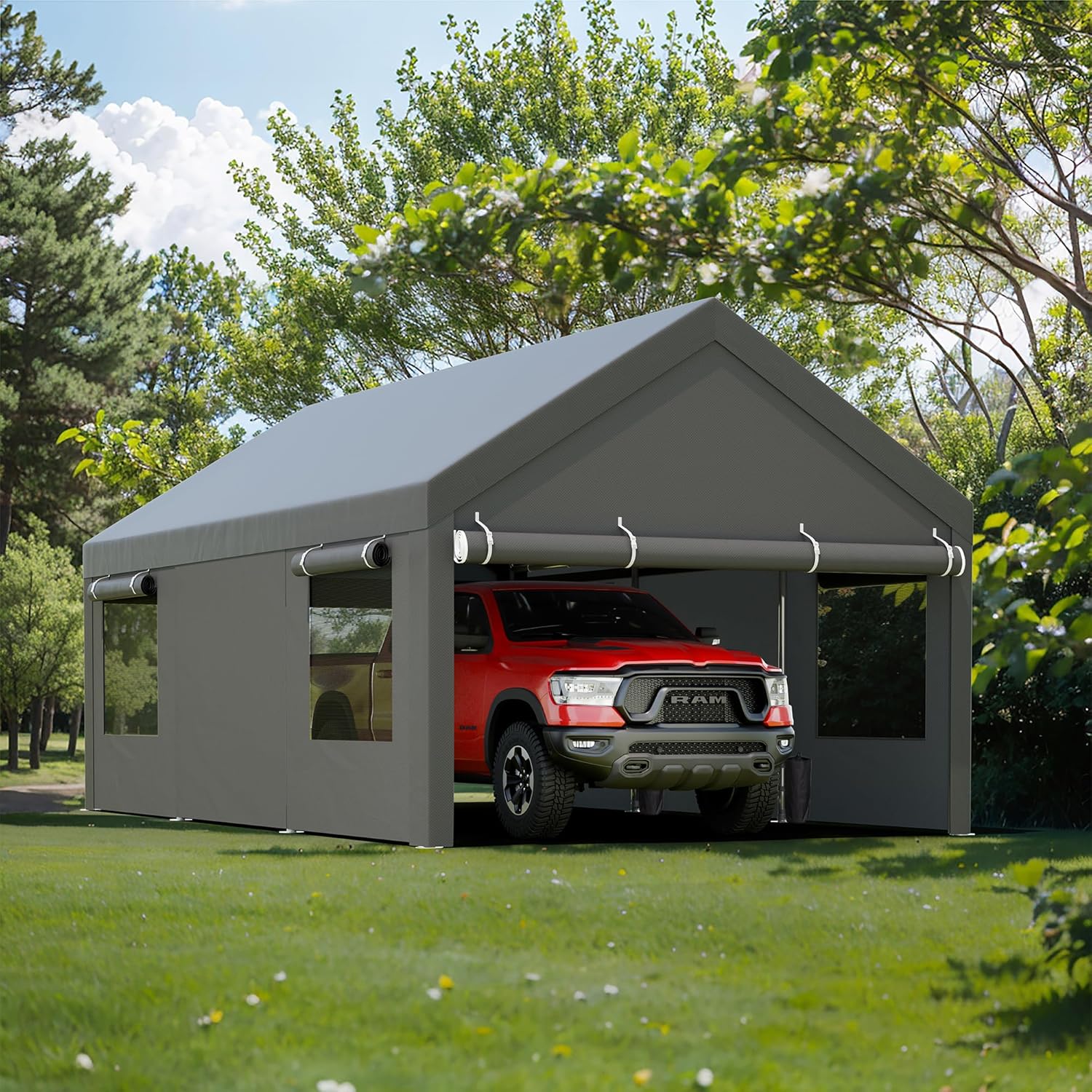 JY QAQA Carport  12x20 FT Heavy Duty Carport with Removable Side Walls and Doors  Portable Garage with Roll-Up Window and Sandbags  Car Canopy with All-Season Tarp for Cars  Trucks  Boats  Grey