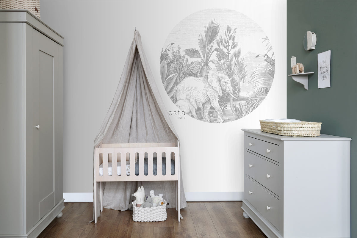 ESTAhome zelfklevende behangcirkel jungle-motief grijs - Ø 140 cm - 159086