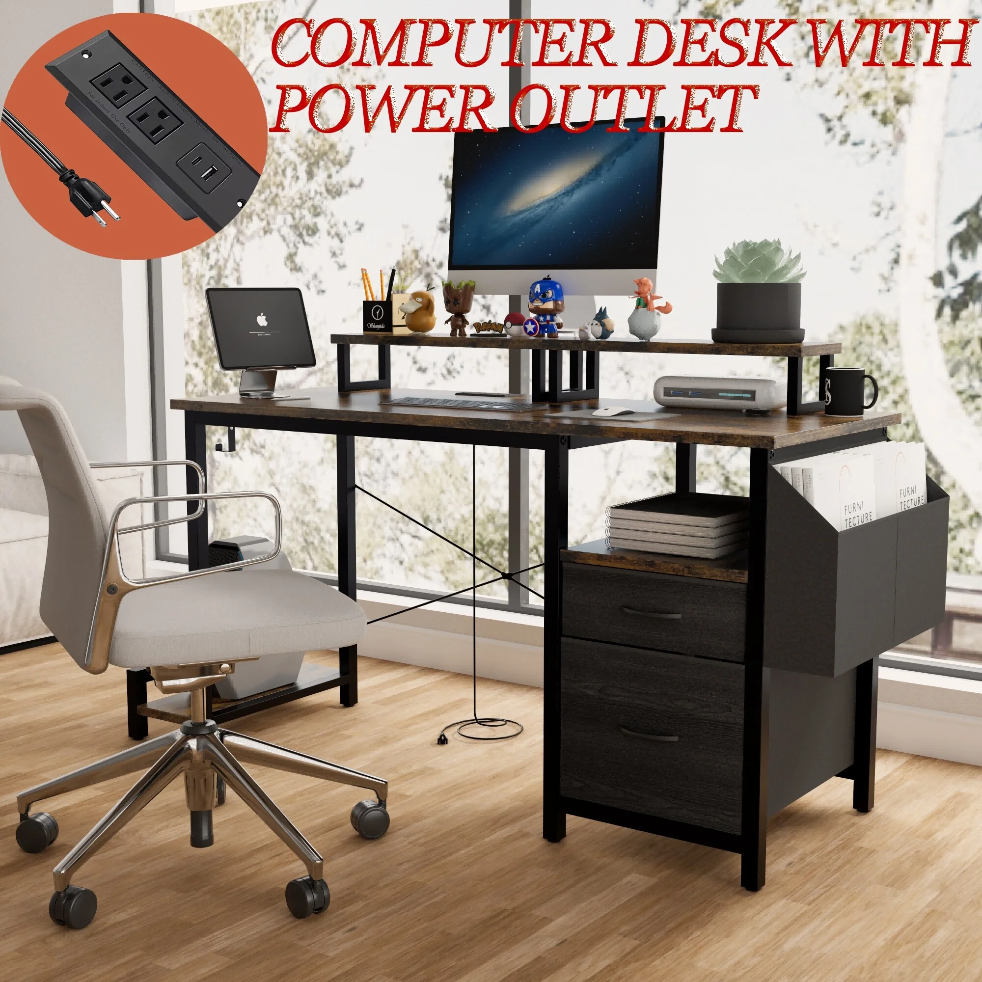 Computer Desk with Drawer and Power Outlets, 47 Office Desk