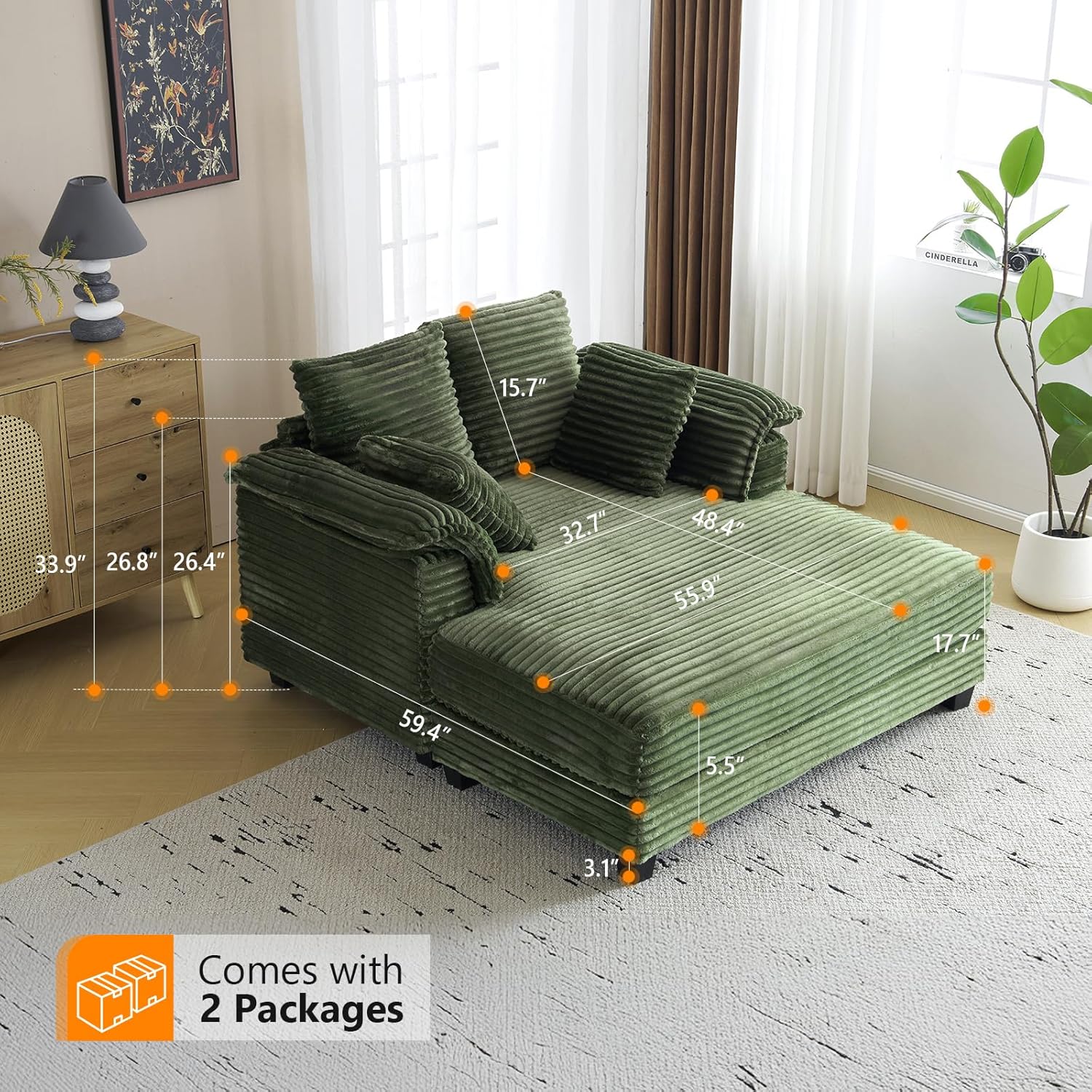 VINGLI Lounge Chair, 56 Oversized Reading Chair Corduroy Chaise Sofa Recliner Bed Upholstered Comfy Sleeper Couch with Throw Pillows and Armrests for Living Room, Movie Room, Bedroom