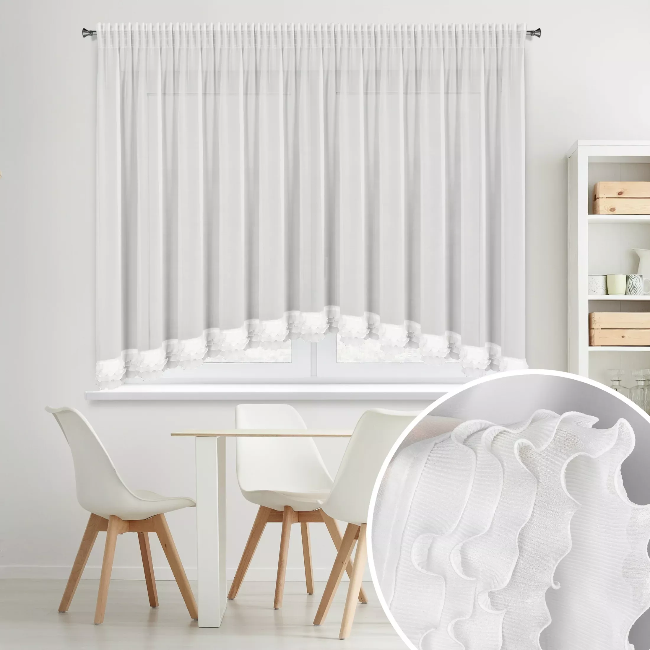 Firana biała z szyfonu zdobiona falbanką układającą się w łuk 400x160 cm taśma - LUISA