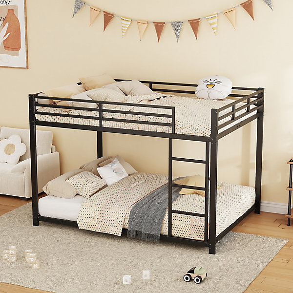Lit superposé 140x200 cm en métal avec sommiers 23 lattes inclus, barrière 26 cm, gain de place, noir