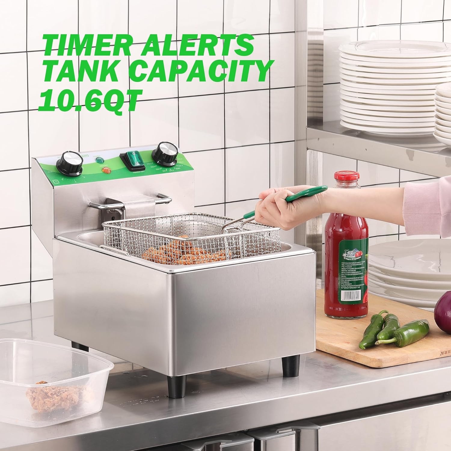 NUPANT Electric Deep Fryer with Timer 10L/10.6QT Commercial Deep Fryer with Basket and Lid, Temp Control, 1700W/110V Stainless Steel Single Oil Fryer Countertop Fryer for Home and Restaurant Use
