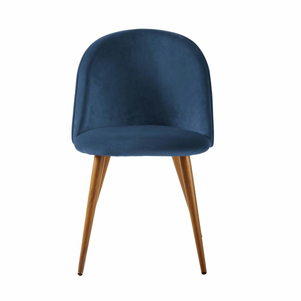 Mauricette - Chaise vintage bleu nuit et métal imitation chêne