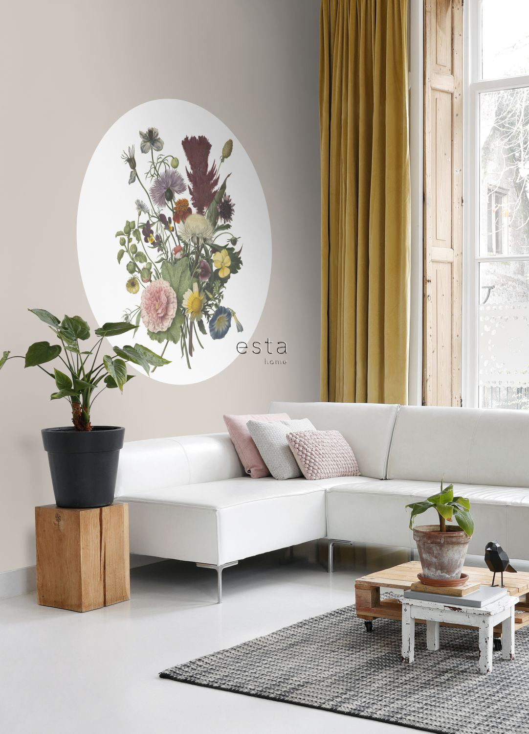 ESTAhome zelfklevende behangcirkel boeket groen, roze en geel - Ø 140 cm - 159020