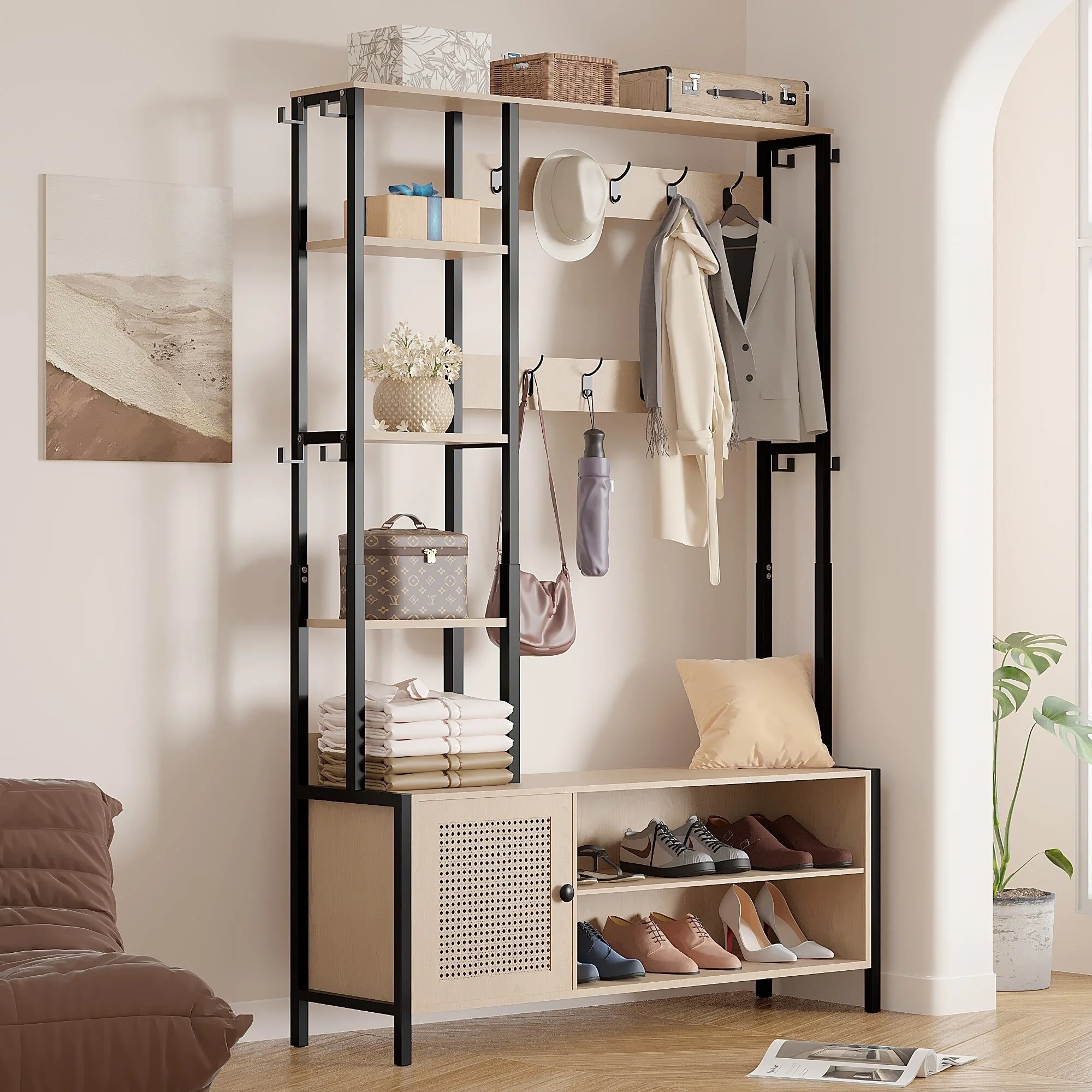 Javlergo Hall Tree for Entryway, Coat Rack with Bench Shoe Storage, 5-in-1 Entryway Bench Coat Rack with 9 Hooks