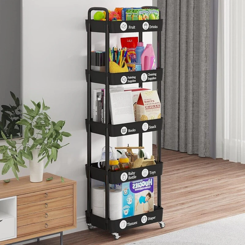 3 Tier Kitchen Storage Cart Multifunctional Rolling Storage Hanging Cabinet Mobile Shelving Cart with Lockable Wheels