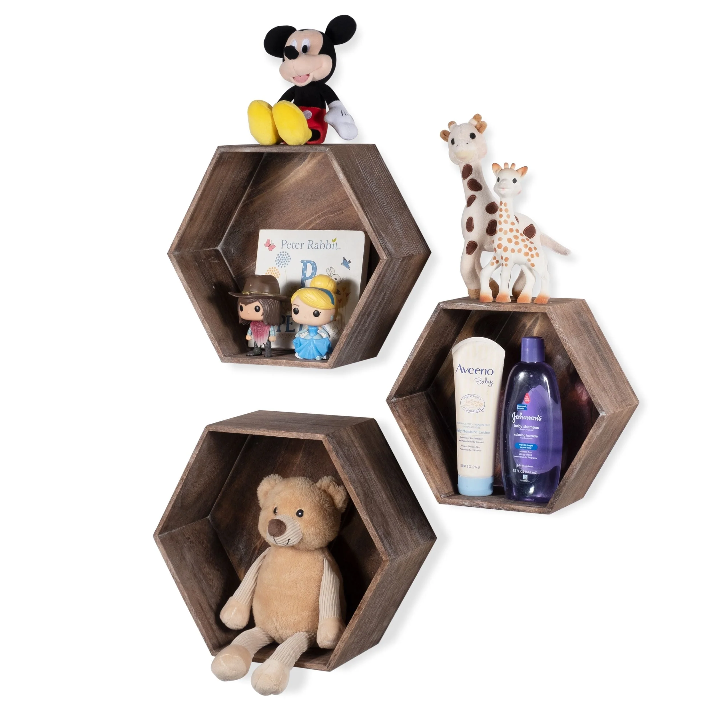 Rustic State Wall Mount Hexagon Wooden Box Shelf Varying Sizes - Pack of 3