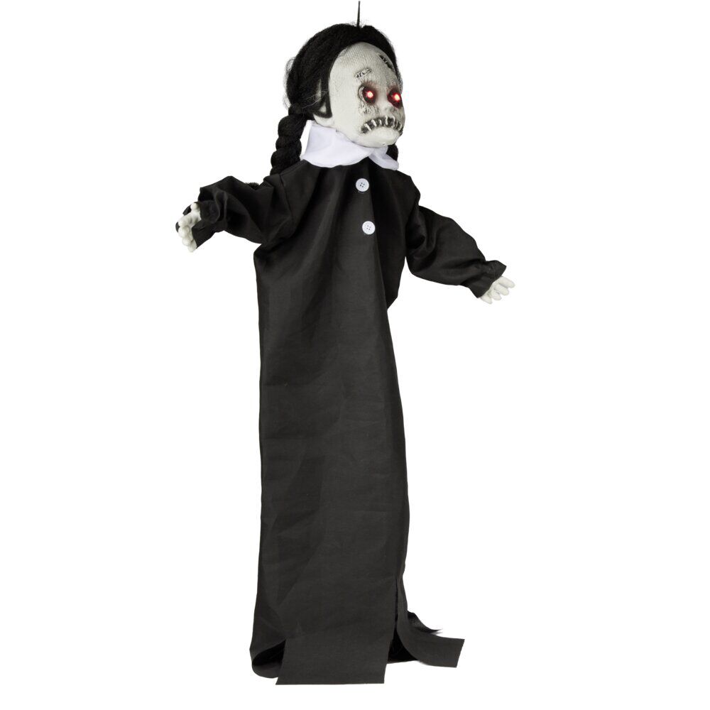 Décoration Halloween à suspendre poupée cicatrice son et lumière noir yeux rouges H90cm