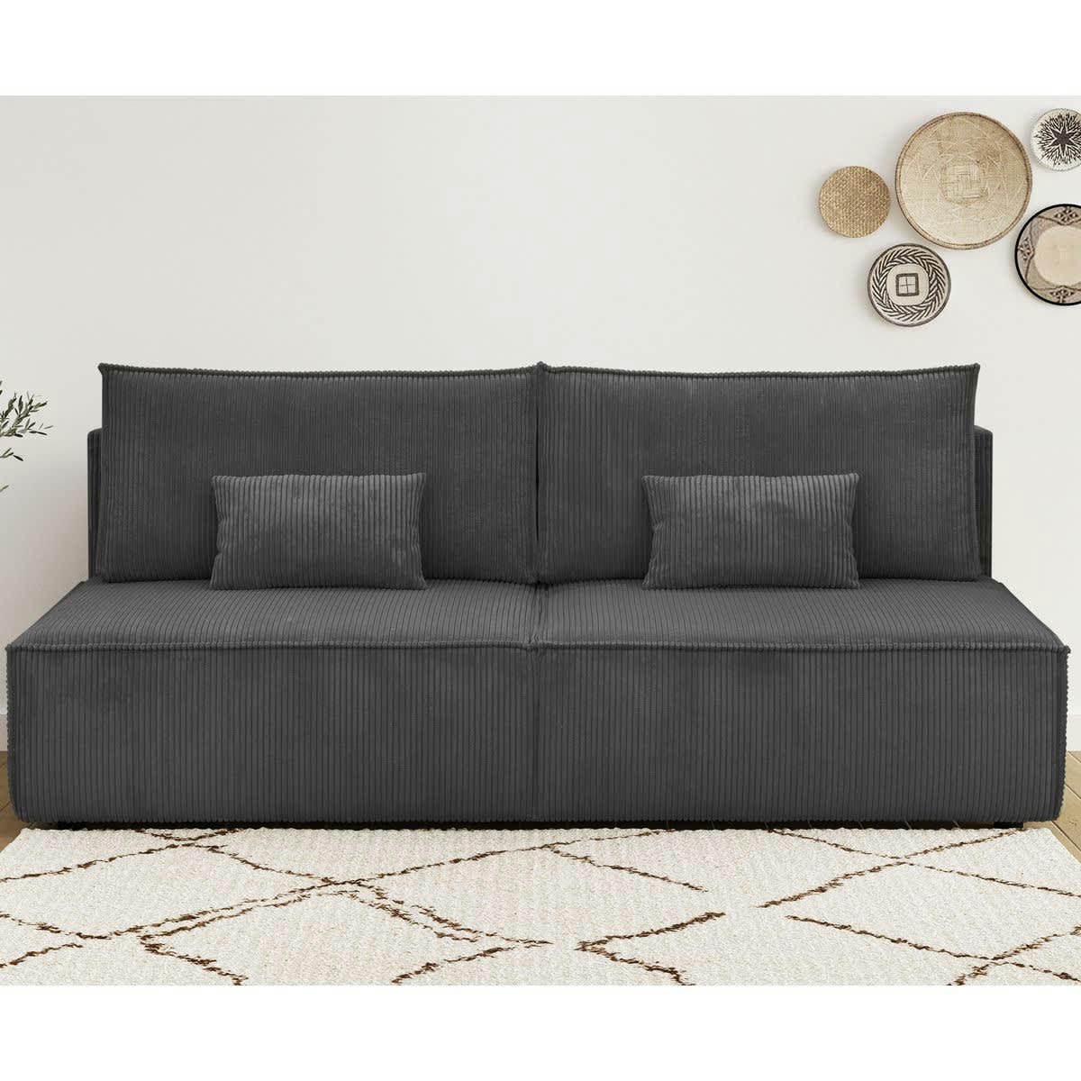 MILLA NEW - Canapé convertible 3 places avec coffre en velours côtelé anthracite