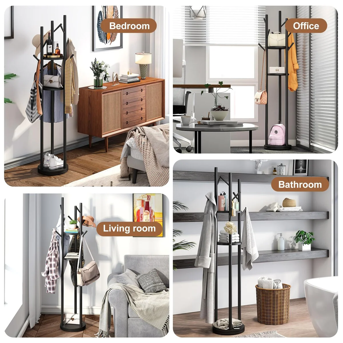 Bamboo Coat Rack Rotary Freestanding Coat Tree Rack Stand with 9 Hooks 3 Storage Shelves Easy Assembly Standing Coat Rack