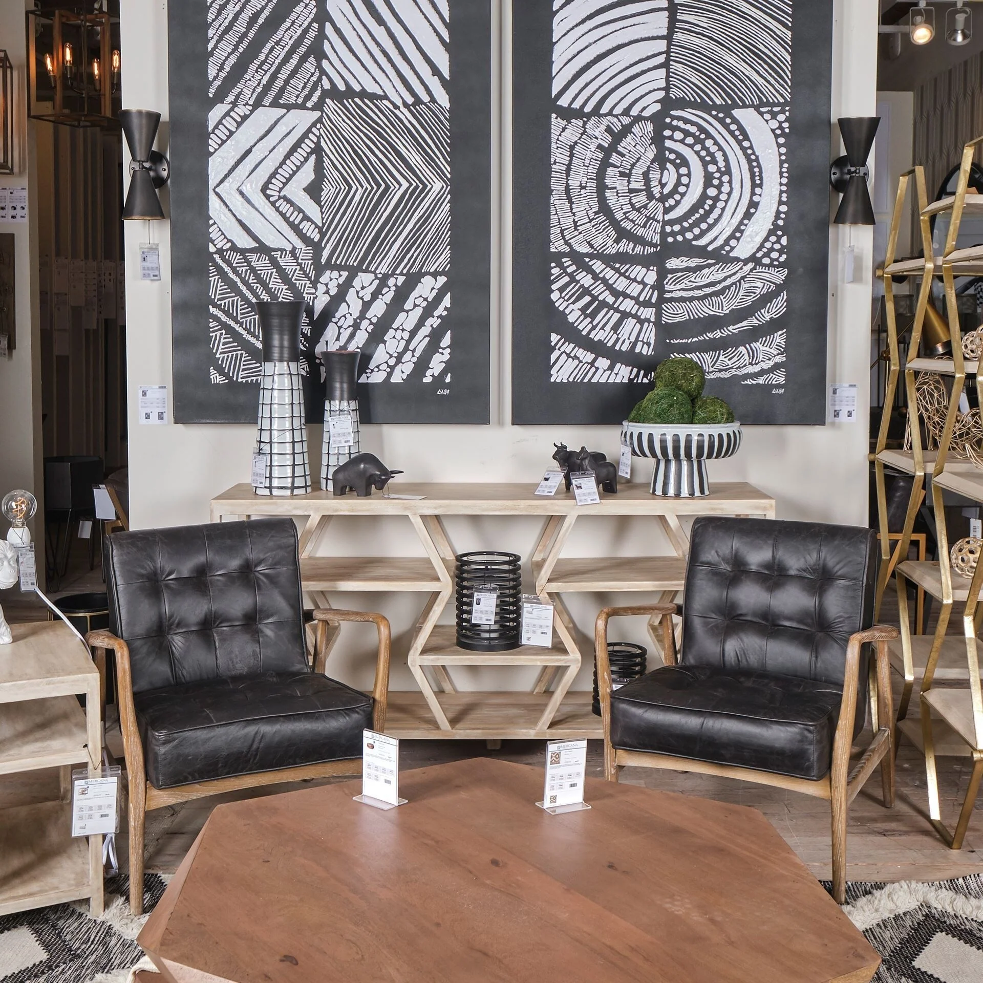 Phineas Black Genuine Leather & Brown Solid Wood Frame Accent Chair