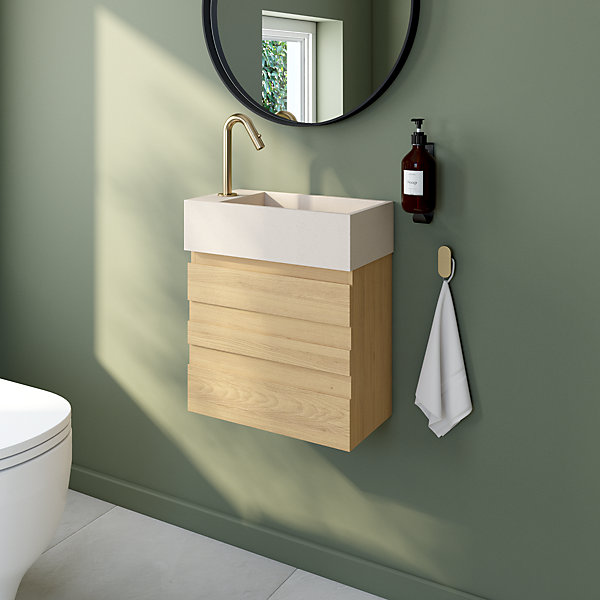Ensemble meuble lave-mains Etty effet chêne l.44 cm   plan vasque lave-mains béton moucheté
