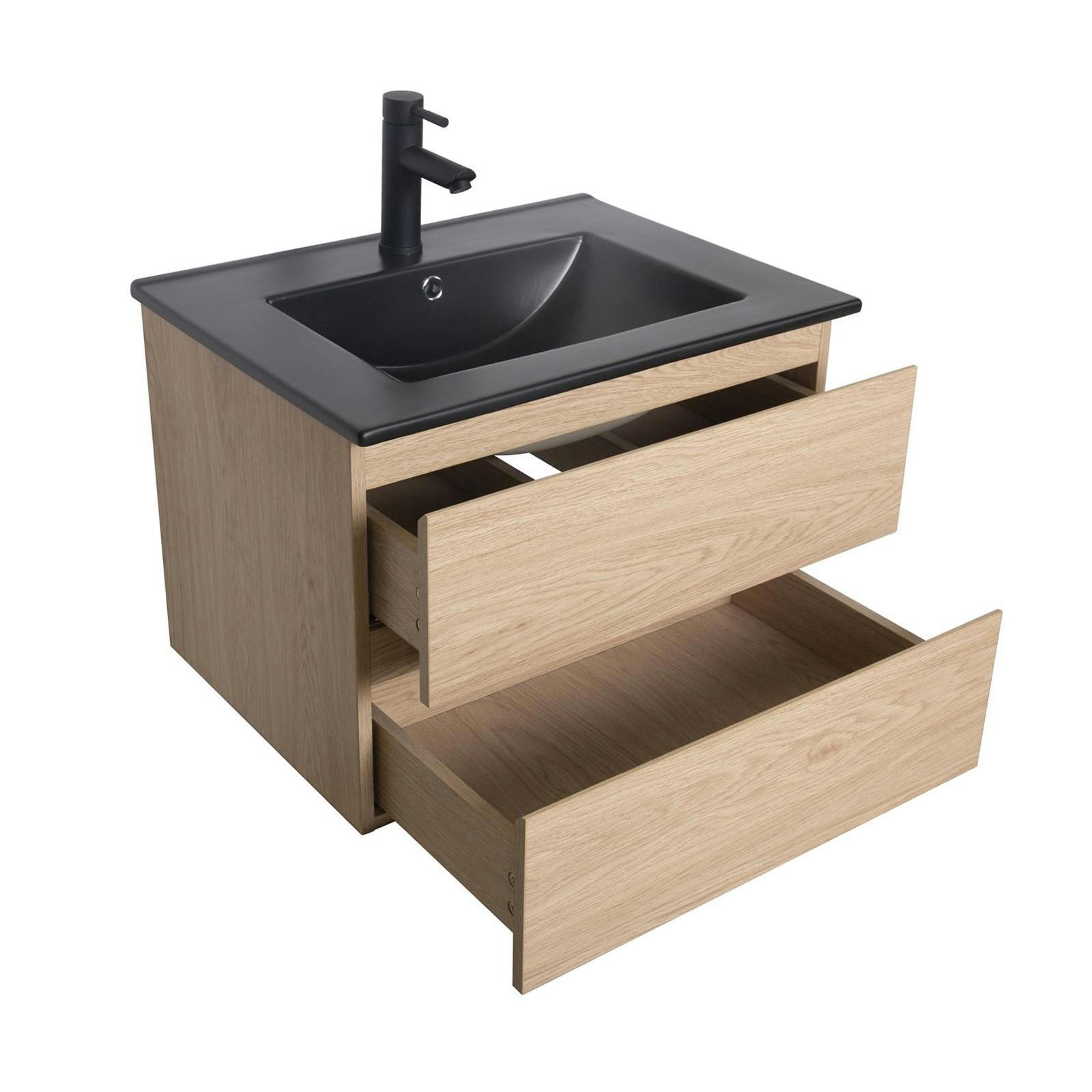 SORRENTO - Meuble simple vasque 60cm  Décor chêne + vasque noire