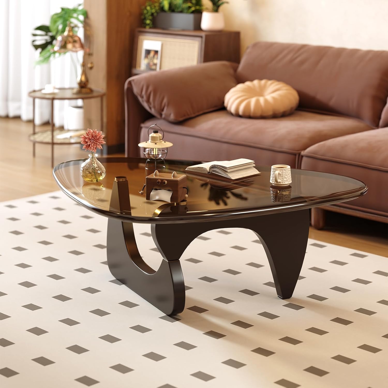 Coffee Table for Living Room Mid Century Modern Center Small Table with Glass Top and Wood, Black Brown(32 Inch)