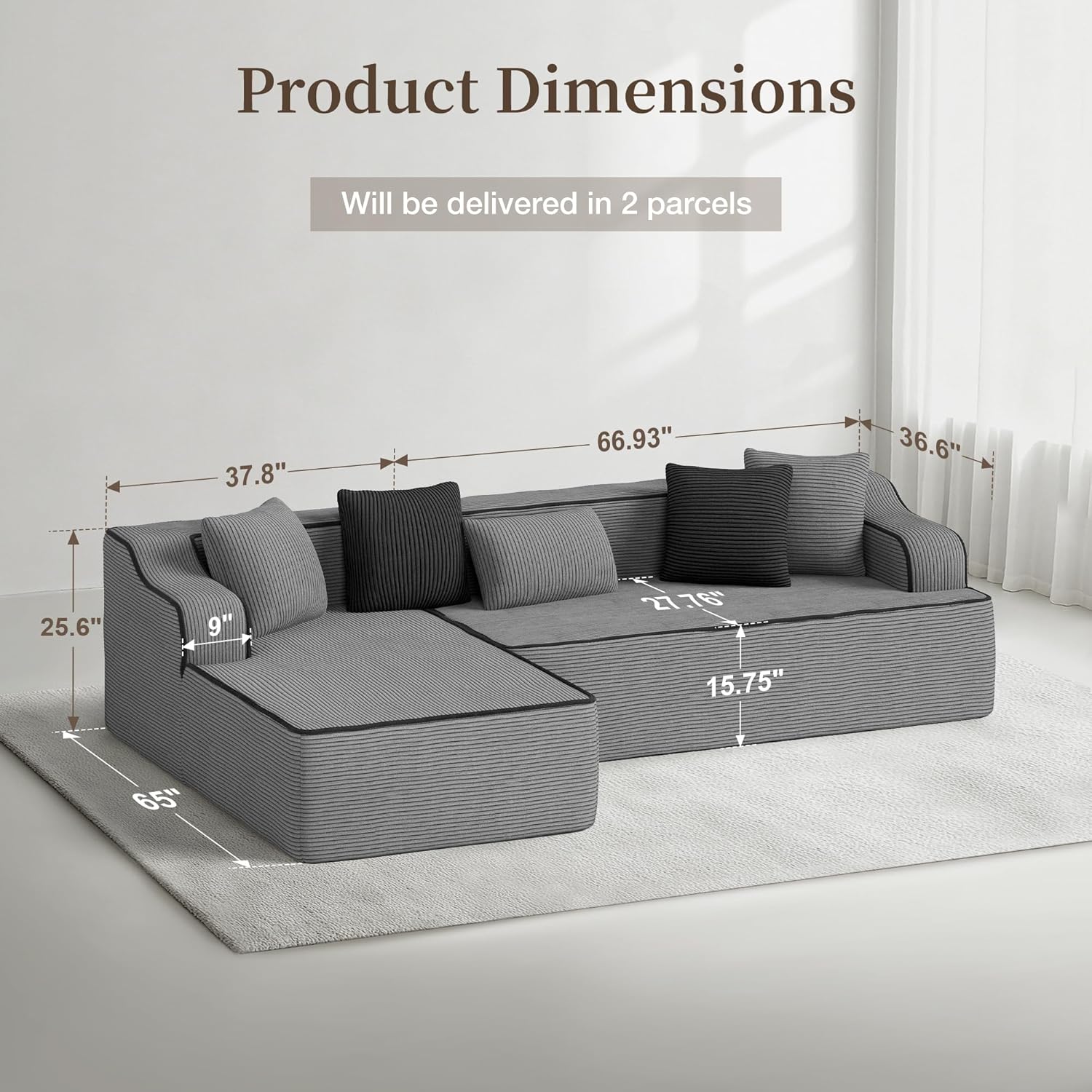 Cloud Sectional Couch for Living Room, 104'' L-Shaped Modular Sofa with Chaise, Modern Corduroy Boneless Couch with Deep Seat, No Assembly Required, Grey