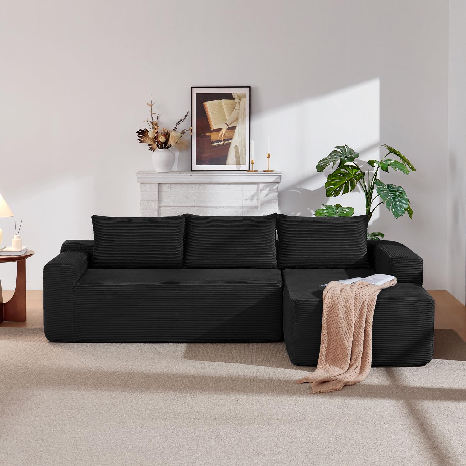 96 Inch Cloud Sectional Couch,Modern Modular Sectional Sofa with Deep Seat,Corduroy Boneless Couches with L-Shape Chaise for Living Room Bedroom,No Assembly Required (Black, Right Facing Chaise)