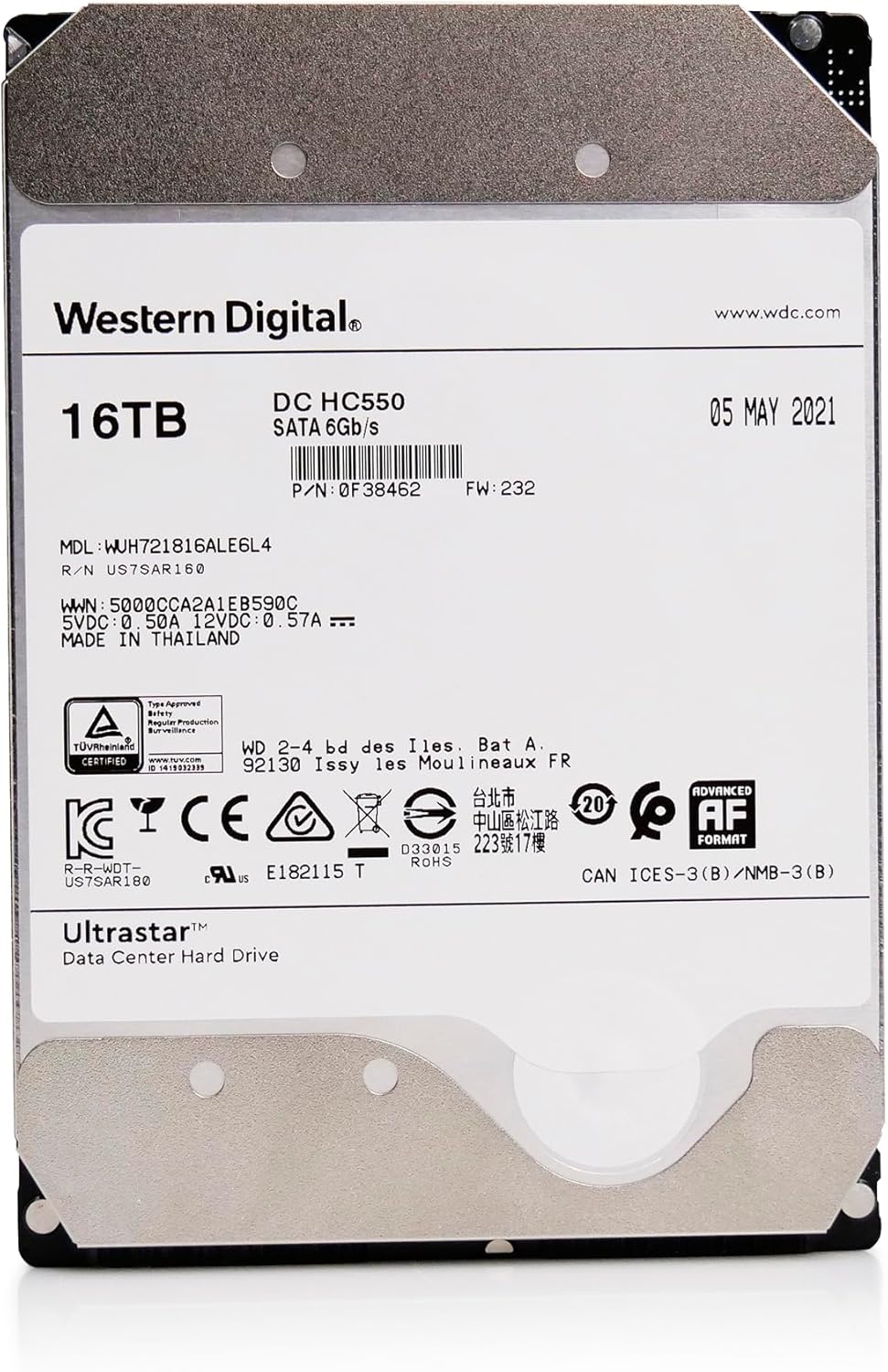 Western Digital Ultrastar DC HC550 WUH721816ALE6L4 0F38462 16TB 7 200 RPM SATA 6Gb/s CMR 512e Format 512MB Cache Helium Sealed 3.5-inch Enterprise HDD (Renewed)