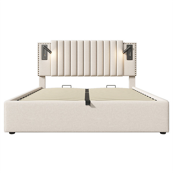 Lit adulte lit 180x200 cm lit rembourré lit de rangement avec sommier à lattes lit double coton beige