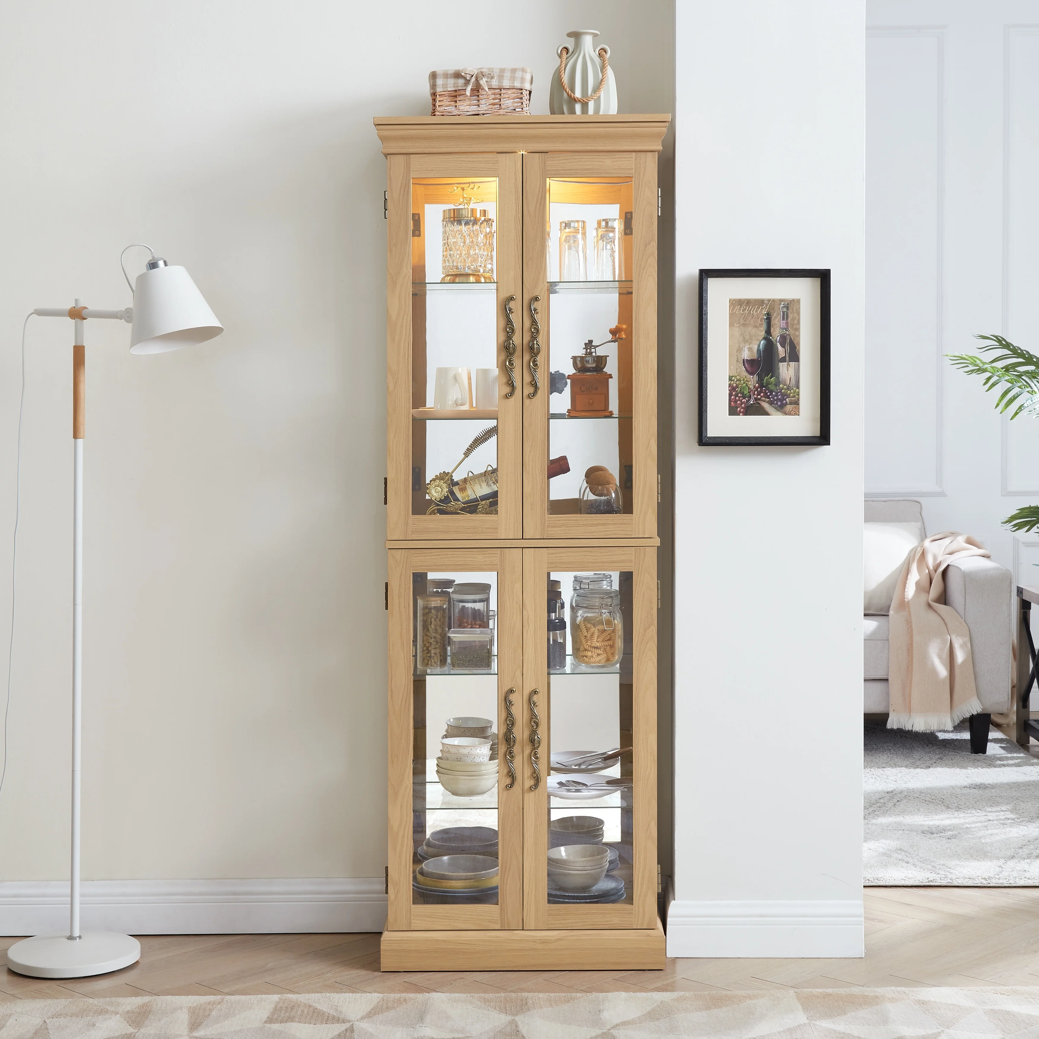 Vintage Storage Cabinet with Adjustable Glass Shelves and Lighting System for Living Room, Kitchen