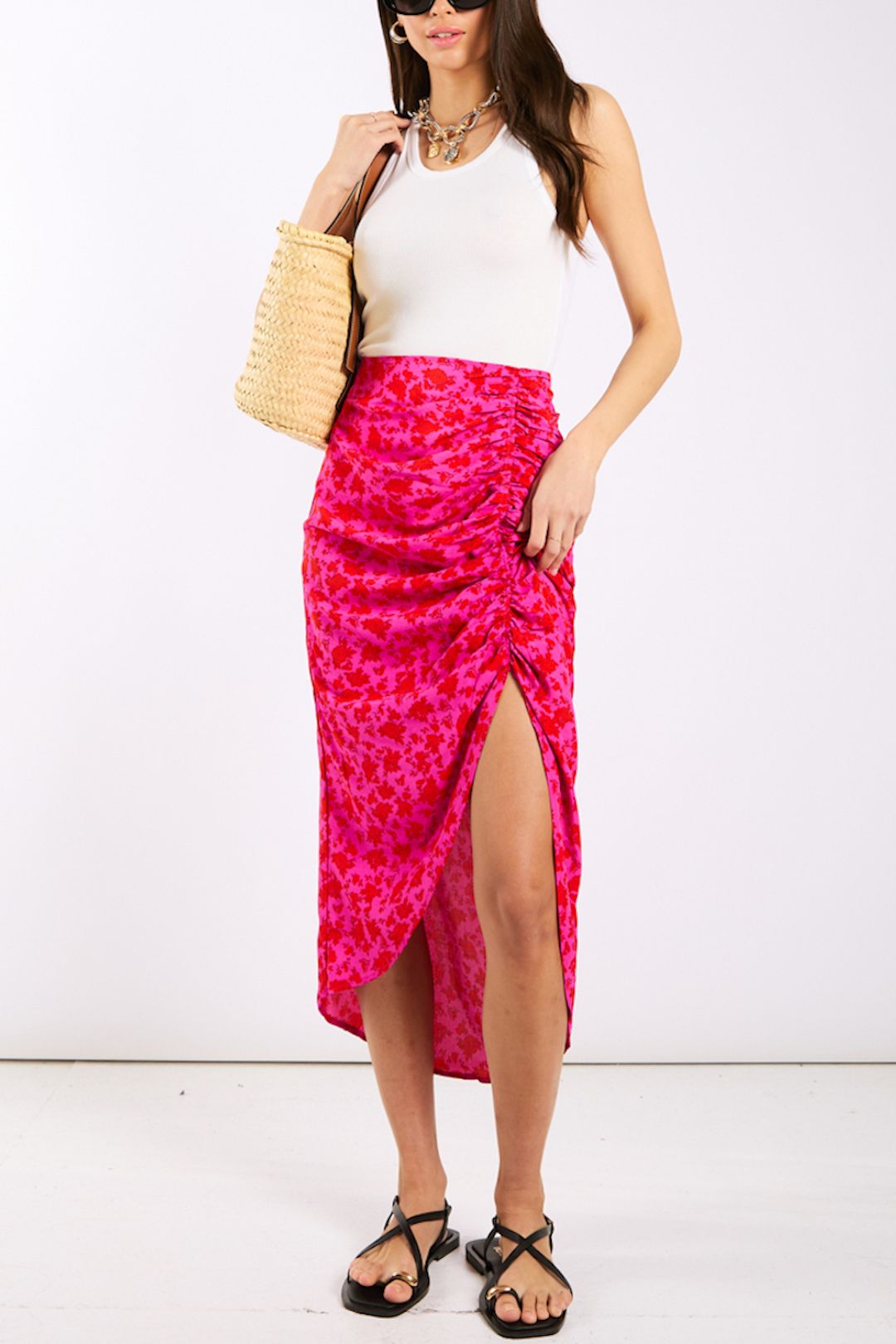 Needs No Label Pink Floral Ruche Side Midi Skirt