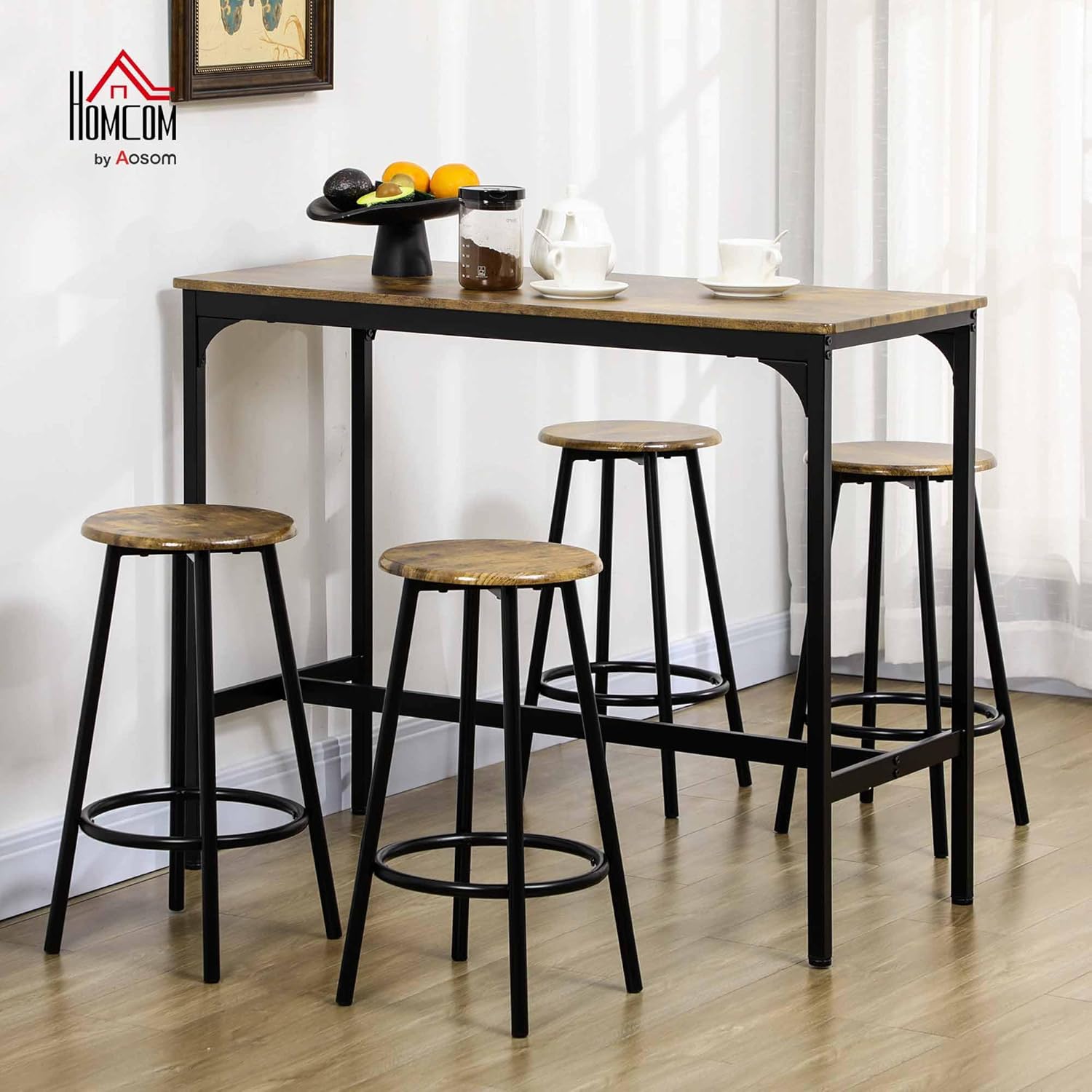 HOMCOM 5-Piece Counter Height Bar Table Set, Rustic 43.25 Dining Table with 4 Bar Stools, Kitchen Table with Wooden Top for Pub, Dining Room, Rustic Brown