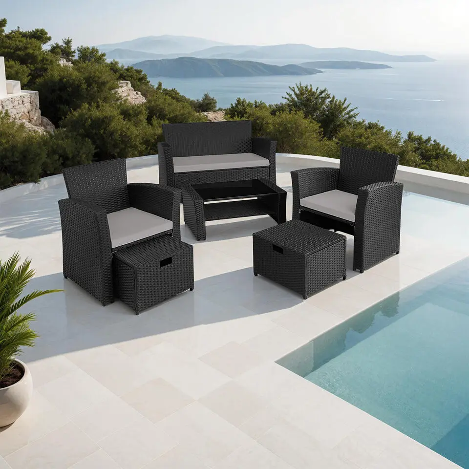 tectake - loungeset Modena - wicker - zwart/grijs - incl. beschermhoes