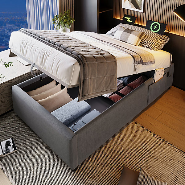 Lit Coffre Simple 90x200 cm avec Rangement Intégré et Port USB-C, Cadre Métal et Coton Gris, Sans Matelas