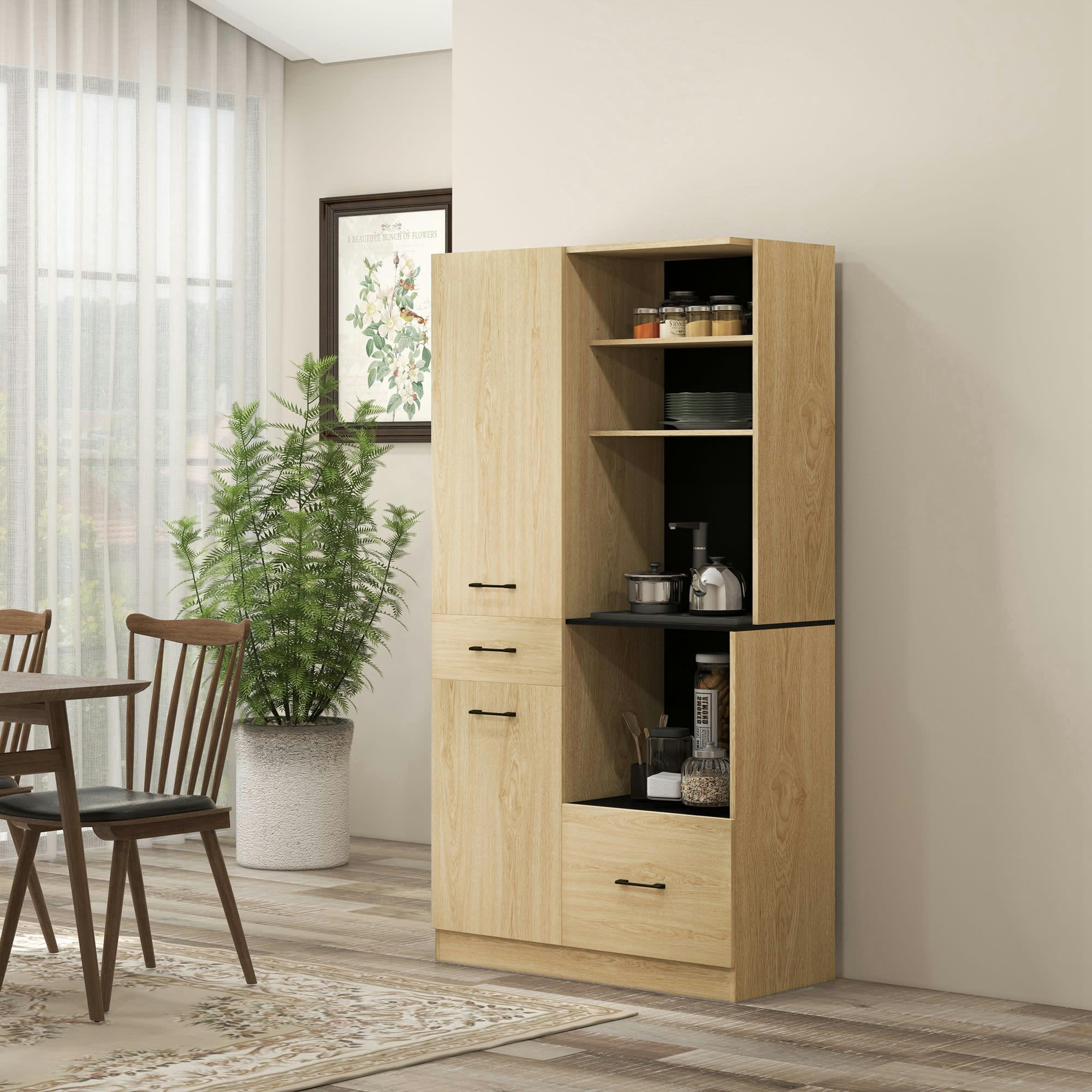- Buffet haut 2 portes 3 étagères 2 tiroirs 4 niches noir aspect chêne