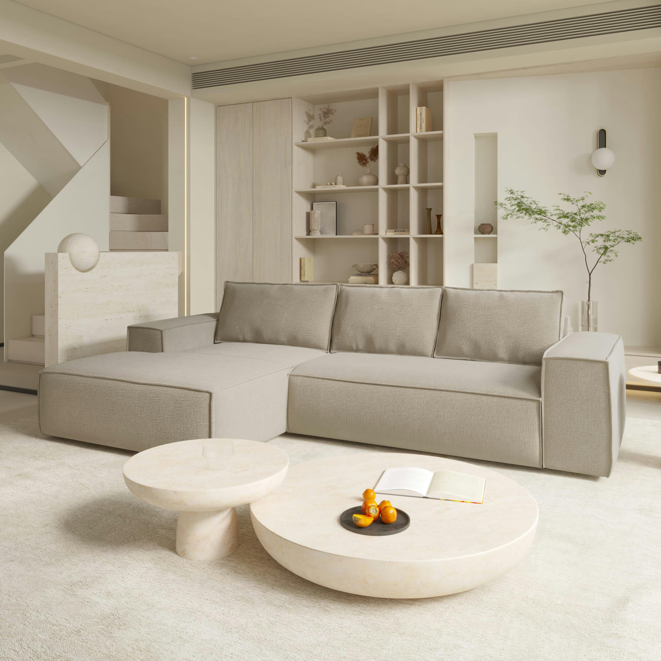 JOAN - Canapé convertible angle gauche dunlopillo velours texturé beige 140cm