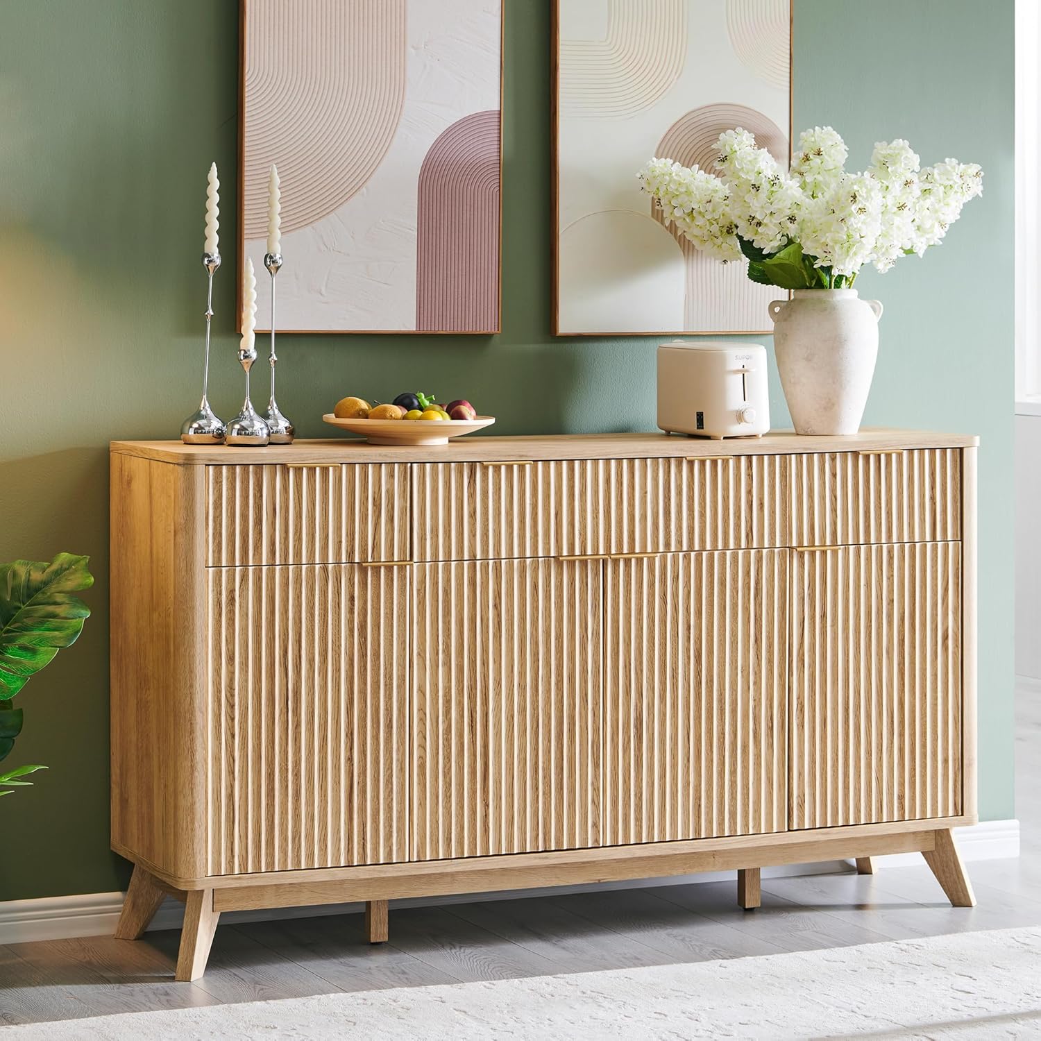 T4TREAM Large Buffet Sideboard Cabinet with Storages, 60 Fluted Modern Buffet Table Coffee Bar Wine Bar Storage Cabinet with 3 Drawers & 4 Doors for Dining Room, Living Room, Hallway(Natural Oak) | with Storages, Coffee Bar, Wine Bar, Storage Cabine