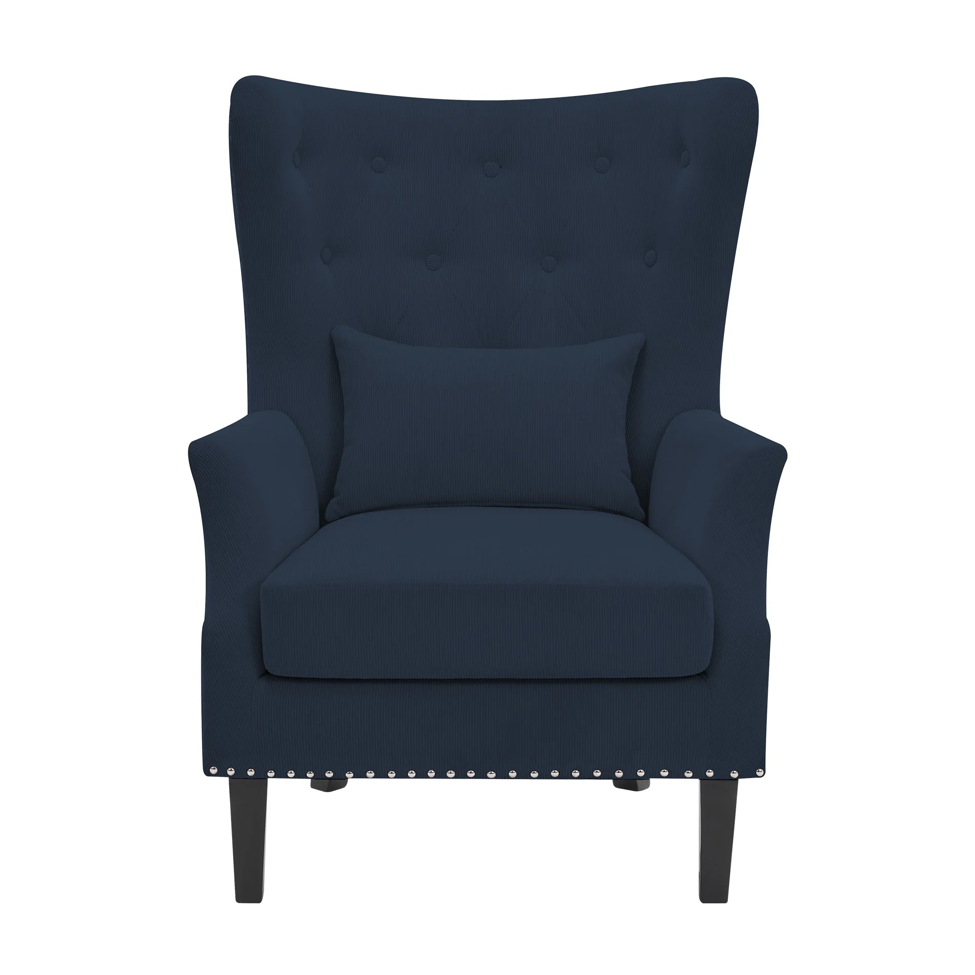 Classic Nailhead Trim Corduroy Wingback Armchair with a Lumbar Pillow and Rubberwood Legs