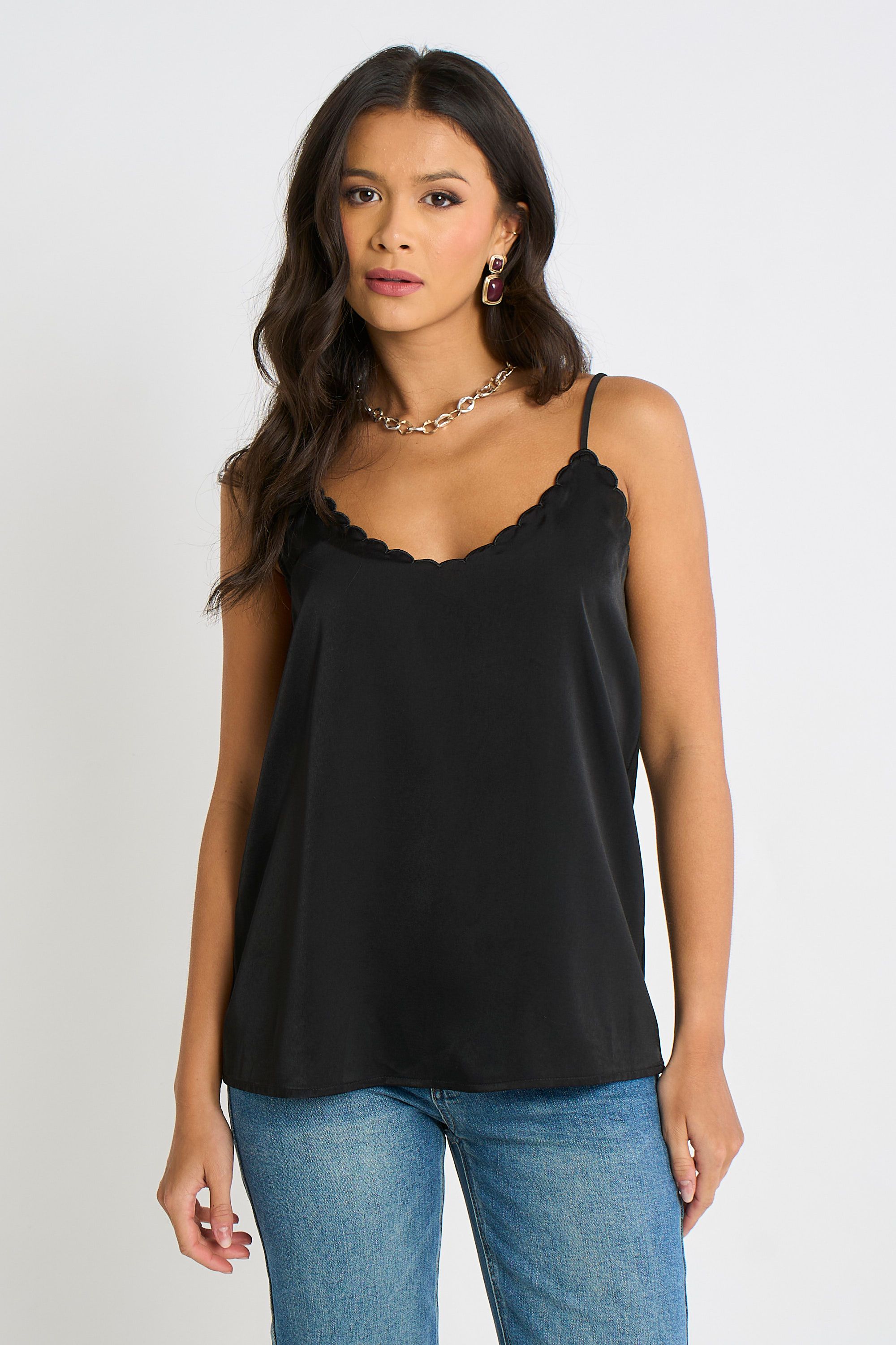 Gini London Black Scallop Trim Satin Cami Top