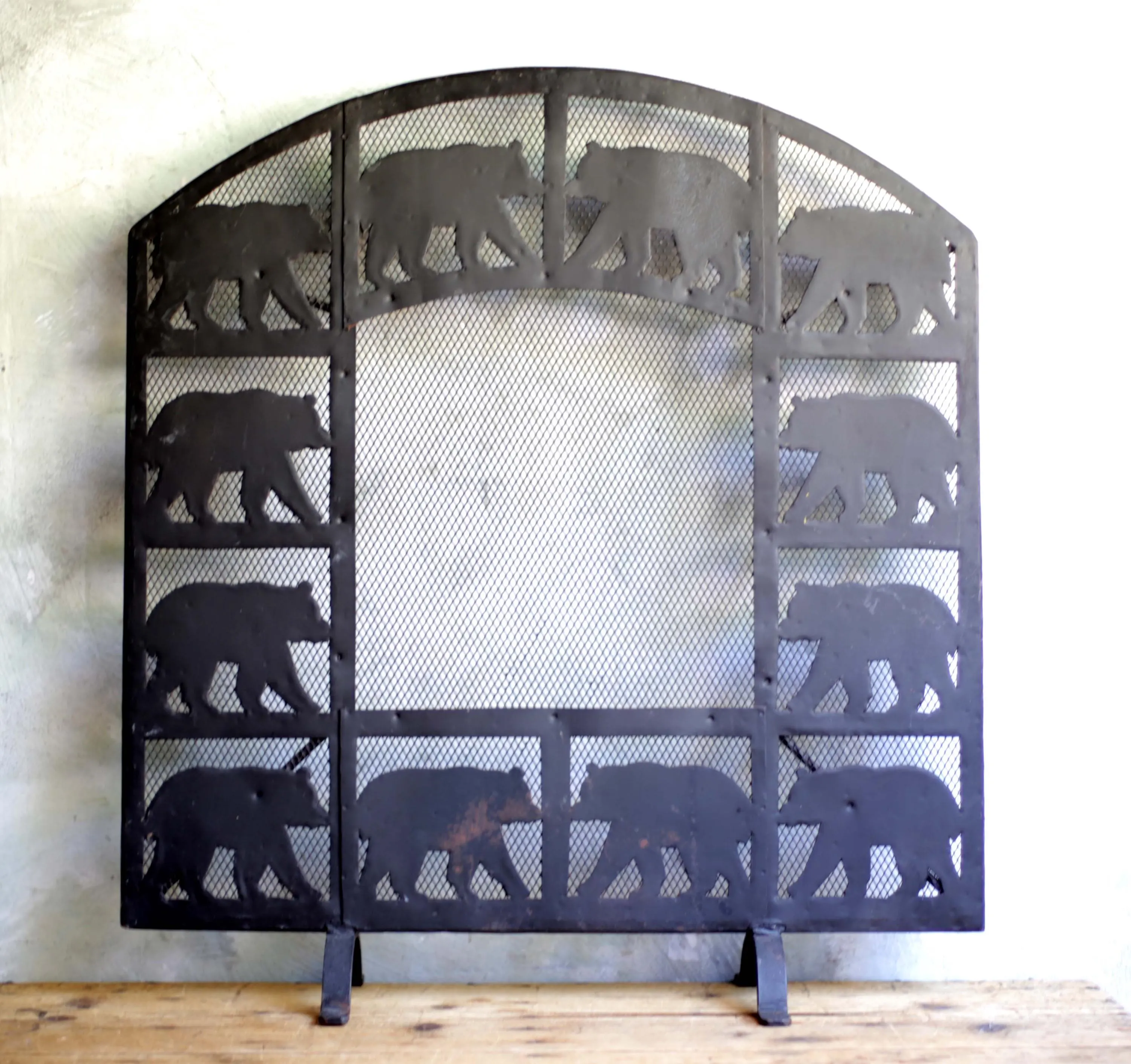 Vintage Wrought Iron Bear Fireplace Screen Atelier Marolles Jean Tourette Style Firescreen Rustic Lodge Hearth Screen Brutalist Decor