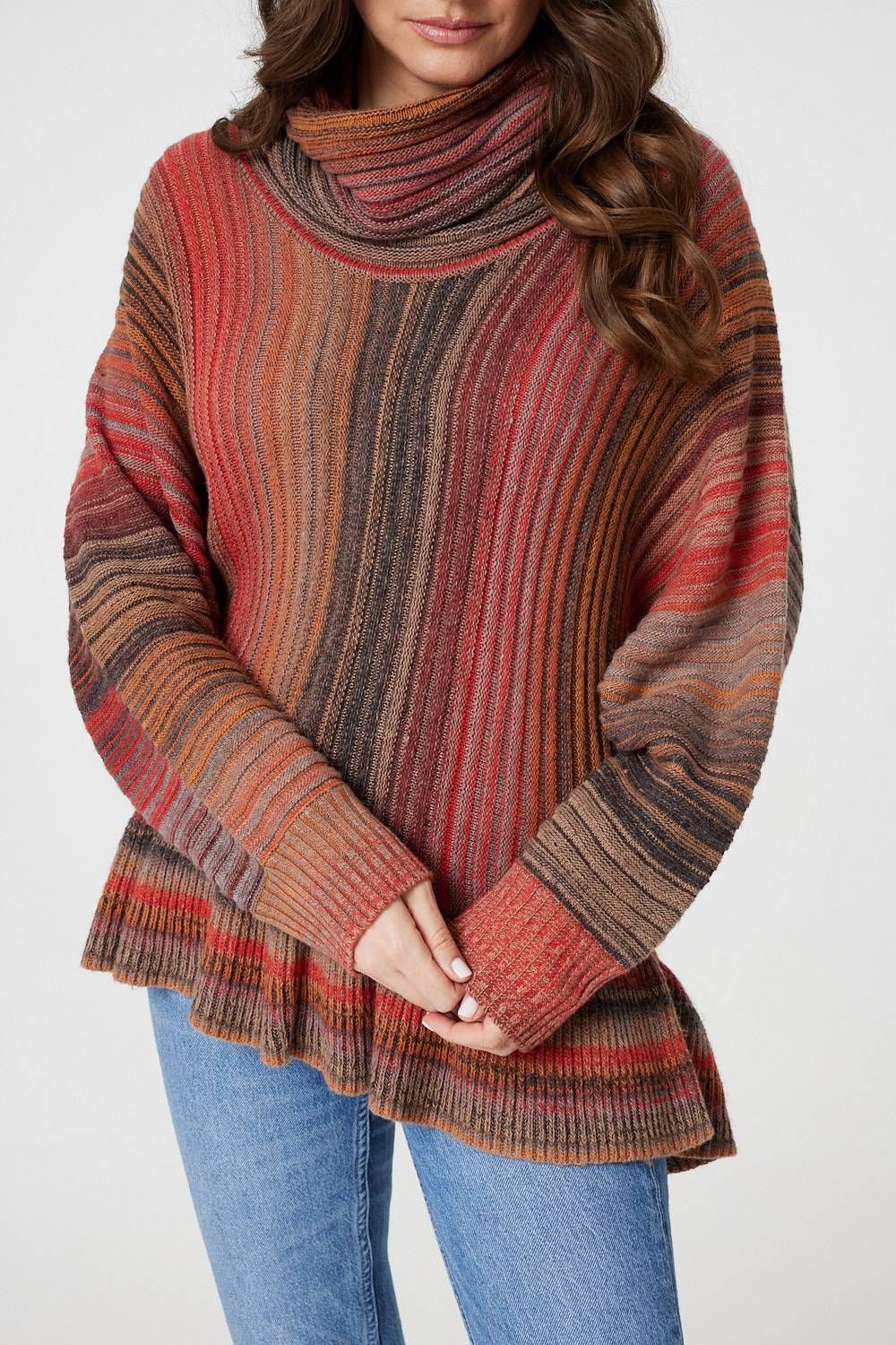Izabel London Striped Oversized Frill Roll Neck Jumper