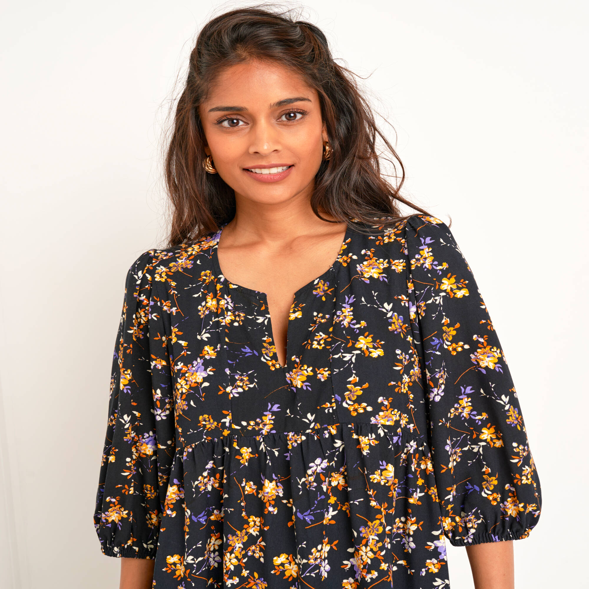 Robe manches blousantes, imprimé fleuri