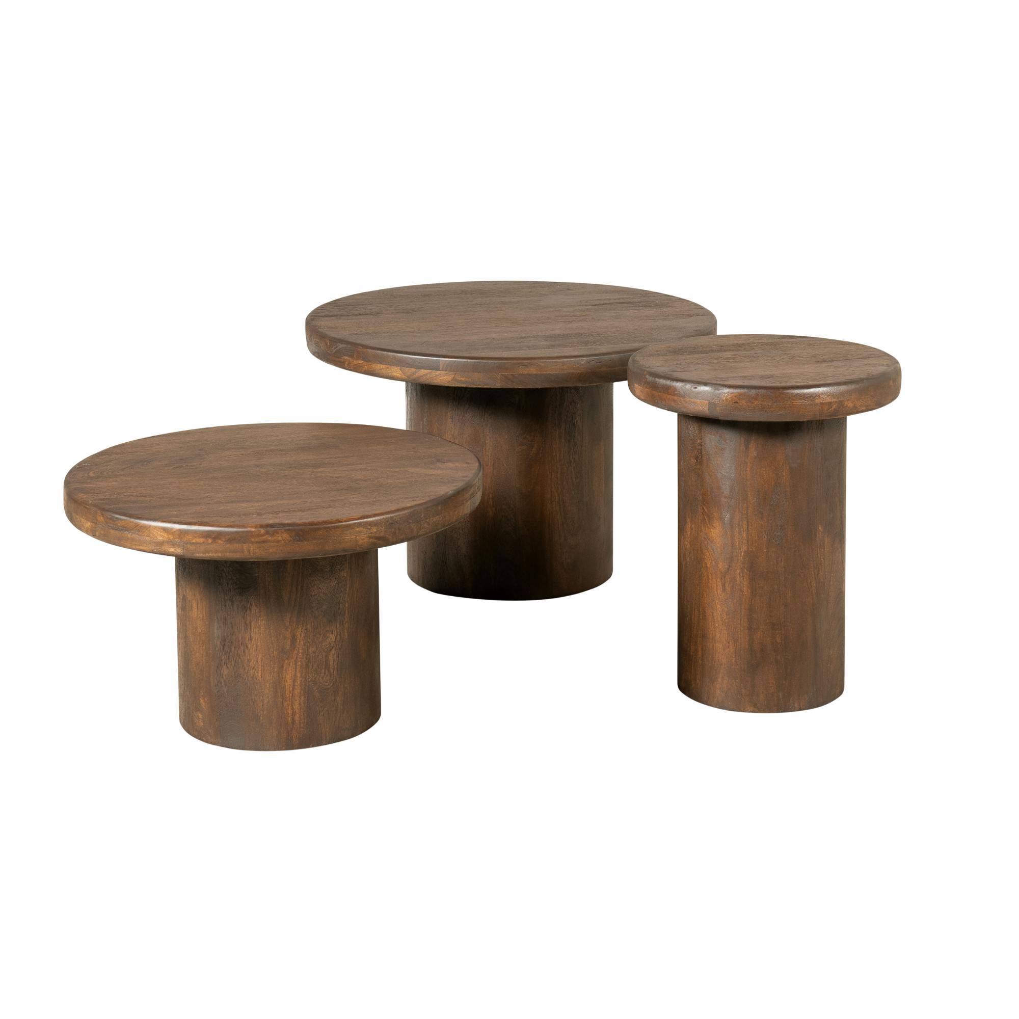 Table basse gigogne ronde bois brun à plateau épais (lot de 3) ALMA
