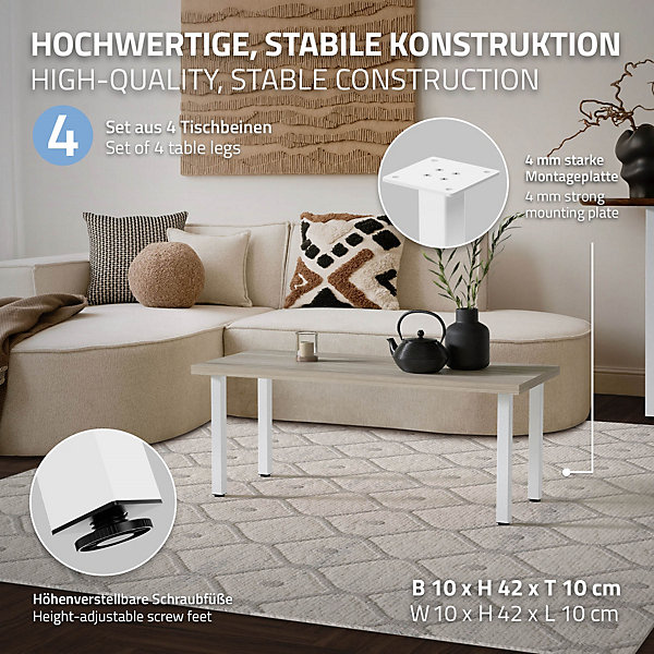 Lot de 4 pieds de table ML-Design H42 cm blanc brillant en acier profil carré 4x4 cm I-design