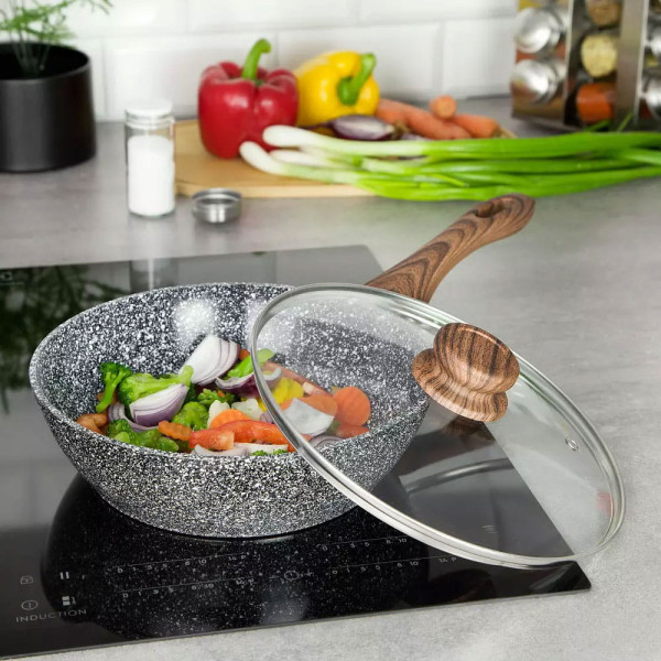 Patelnia granitowa głęboka wok 24cm indukcja gaz KINGHOFF granit wood