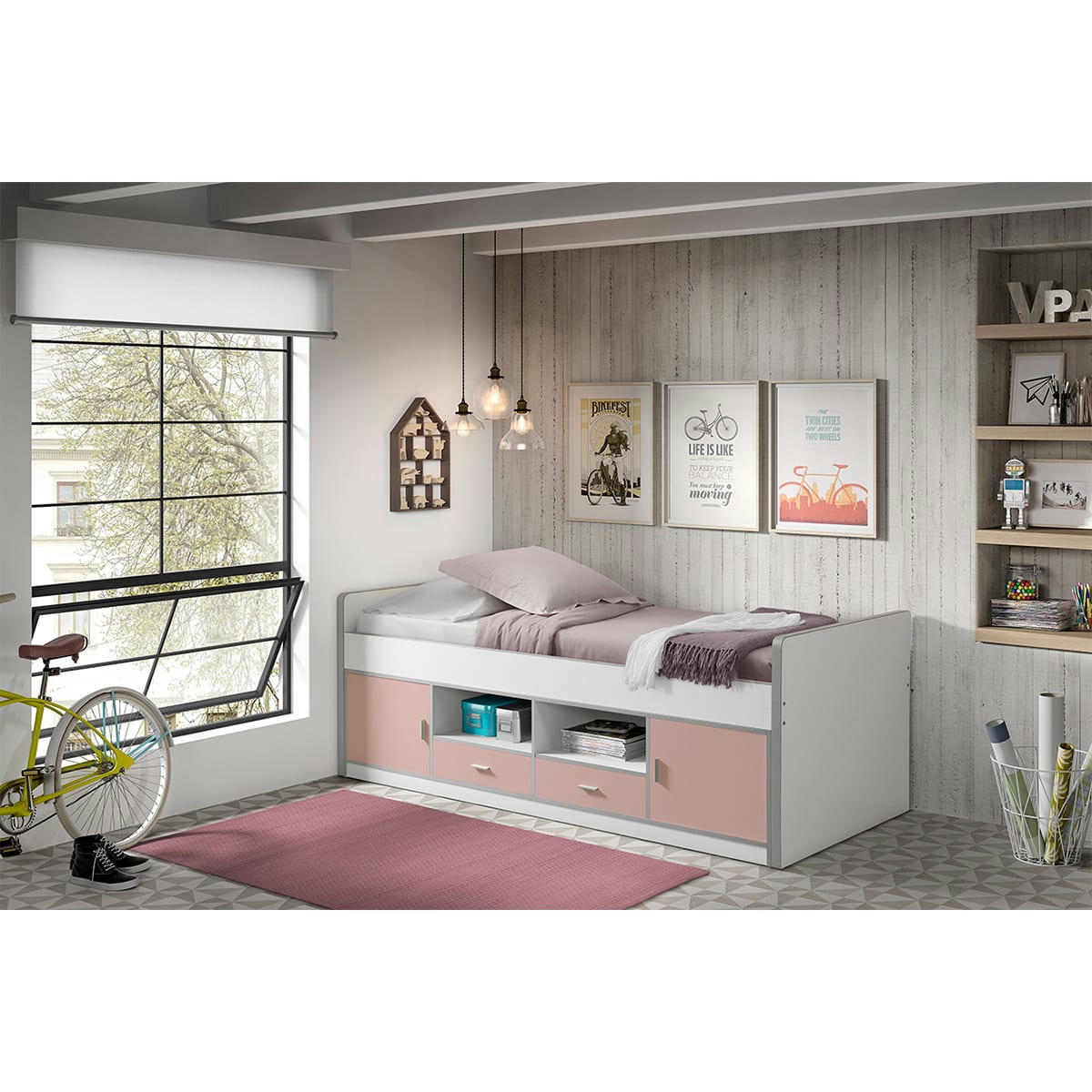 BONNY - Lit capitaine 90x200 sommier inclus rose