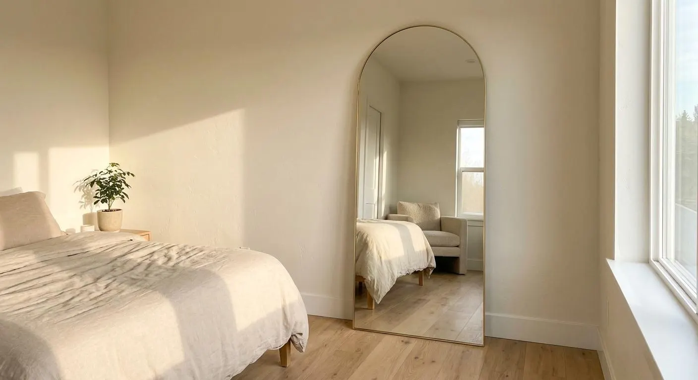 Full Length Arched Mirror 58x19/64x21 Inch, Floor Standing or Wall Mounted Mirror, Black Aluminum Frame, Modern Bedroom Mirror