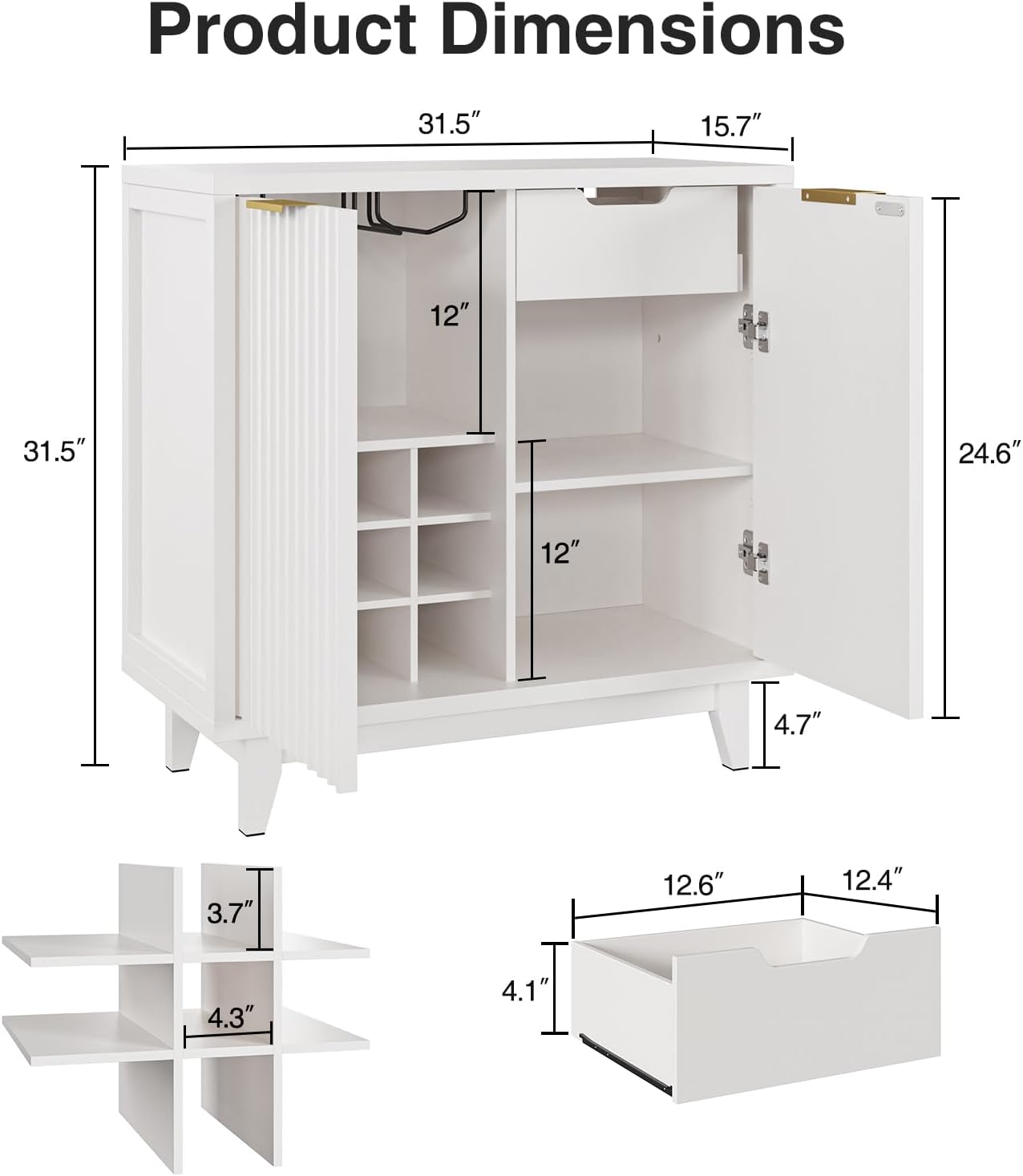Fluted Coffee Bar Cabinet with Storage, Modern Sideboard Buffet Cabinet with Removable Wine Rack, Drawer, Adjustable Shelf, White Liquor Cabinets for Living Room, Dining Room, Kitchen, Entryway
