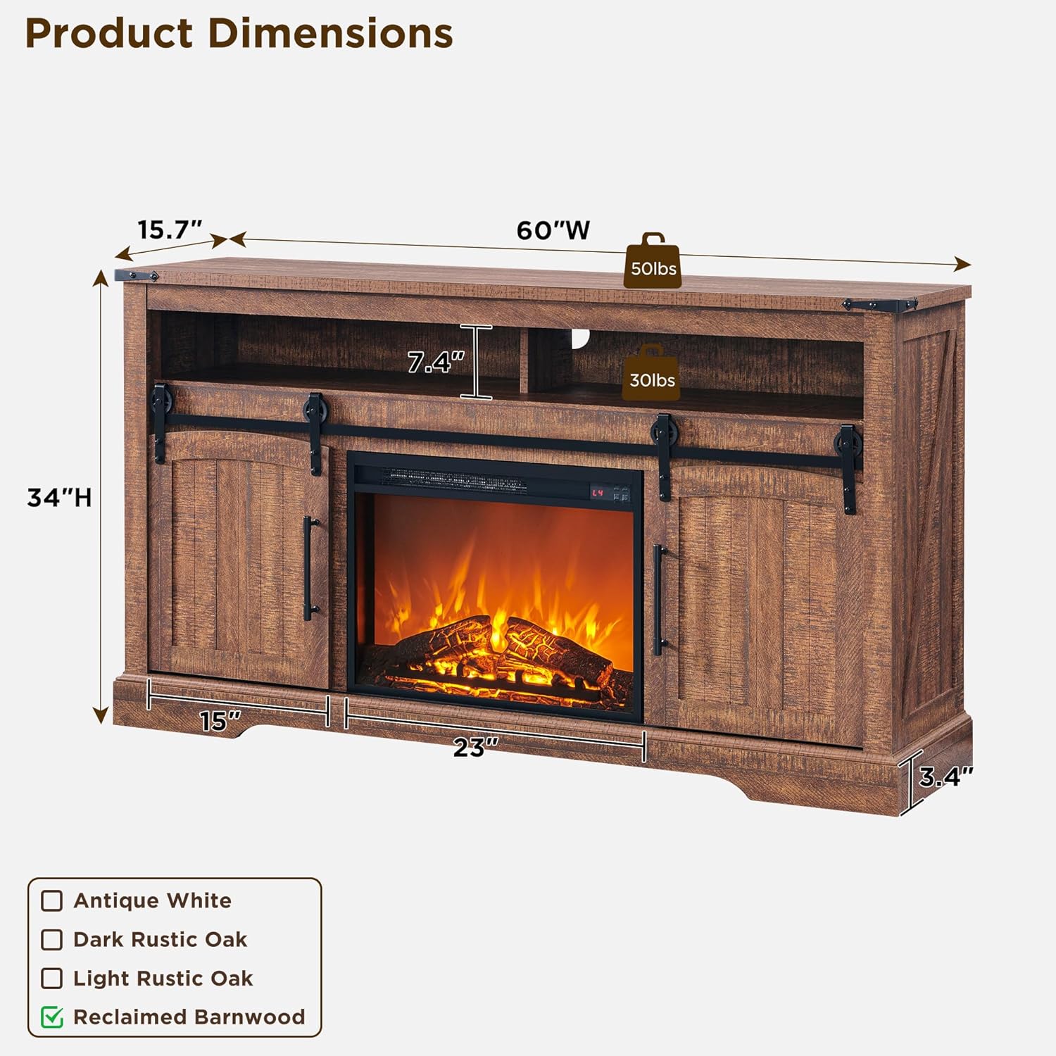 OKD Farmhouse Fireplace TV Stand for 70 Inch TV, 34 Tall Highboy Entertainment Center with 23 Electric Fireplace, Rustic Media Console w/Sliding Arched Door for Living Room,Reclaimed Barnwood