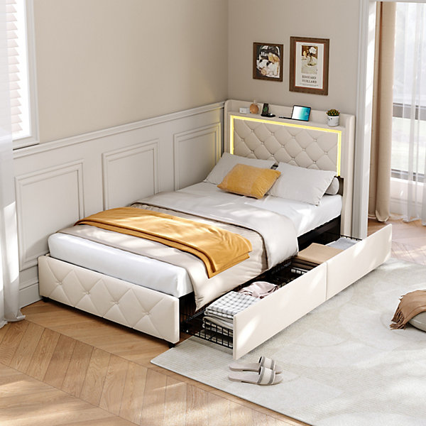 Lit Simple 90x200cm Avec Rangement, éclairage LED, Ports USB Et Type-c, Tissu Velours, Beige