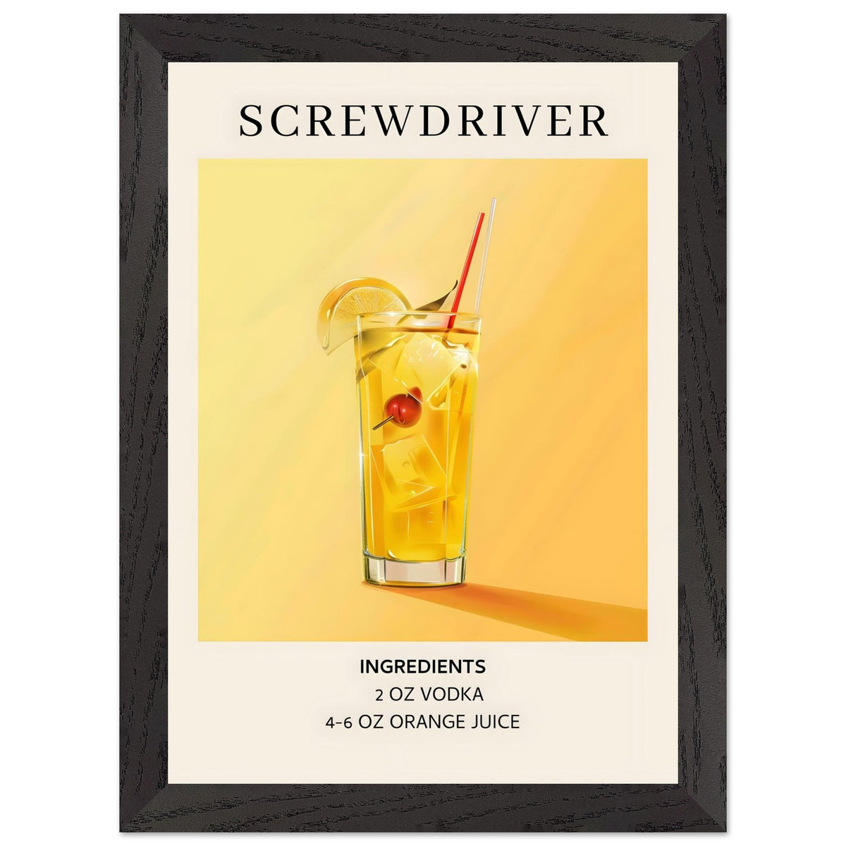 Artfulprints Poster met Lijst Screwdriver cocktail - Ingrediënten  - A4 21x29.7 cm - Geel