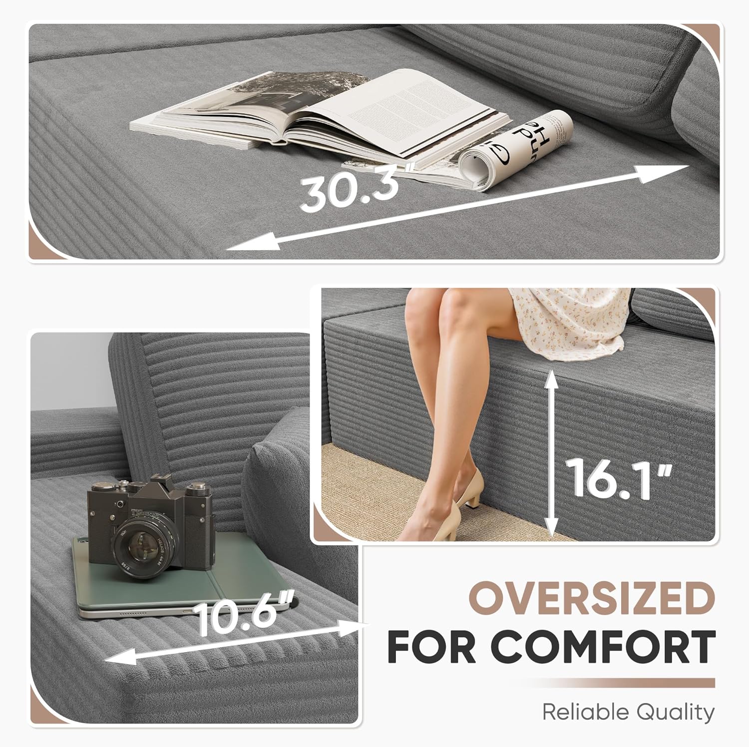 Homall 108 Modular Sectional Sofa, Boneless Couch with L-Shape Chaise, Cloud Couch with Deep Seat Upholstered, No Assembly Required for Living Room, Bedroom (Corduroy, Grey)